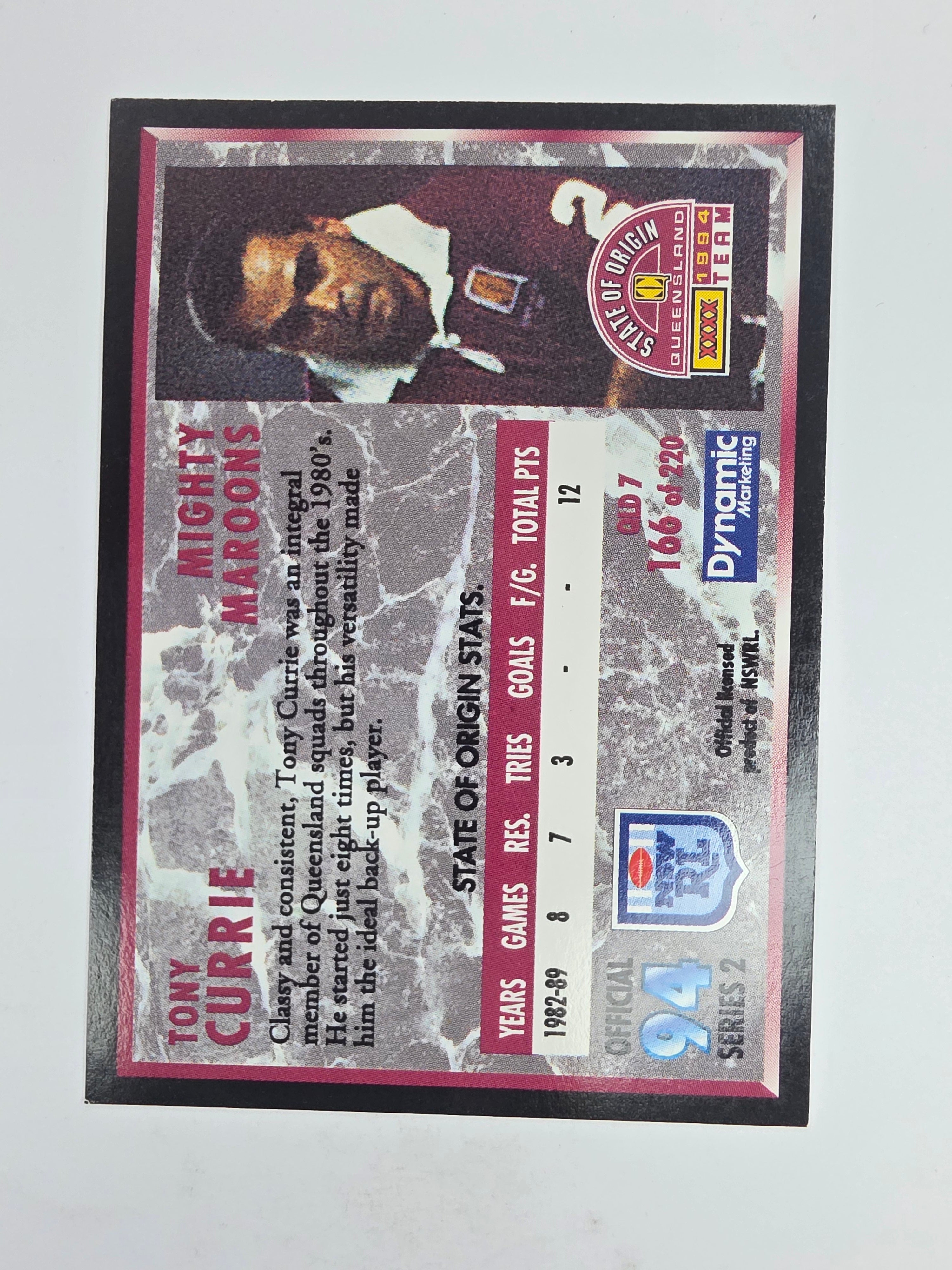 1994 Dynamic Series 2 Base Card #166 Tony Currie Queensland Maroons