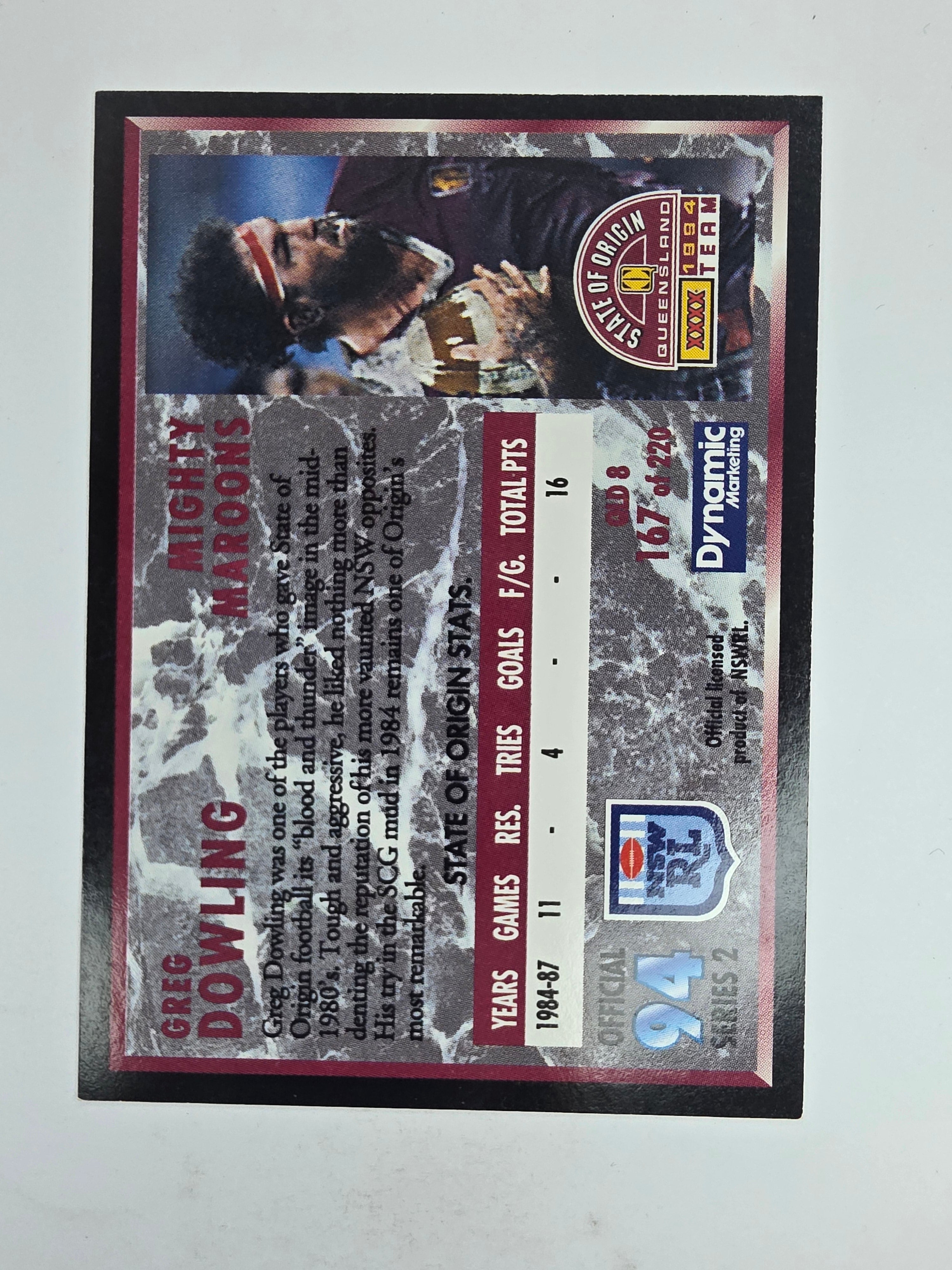 1994 Dynamic Series 2 Base Card #167 Greg Dowling Queensland Maroons