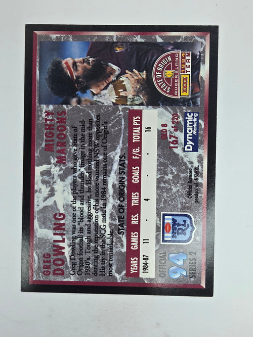 1994 Dynamic Series 2 Base Card #167 Greg Dowling Queensland Maroons