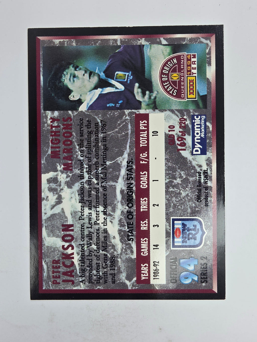 1994 Dynamic Series 2 Base Card #169 Peter Jackson Queensland Maroons