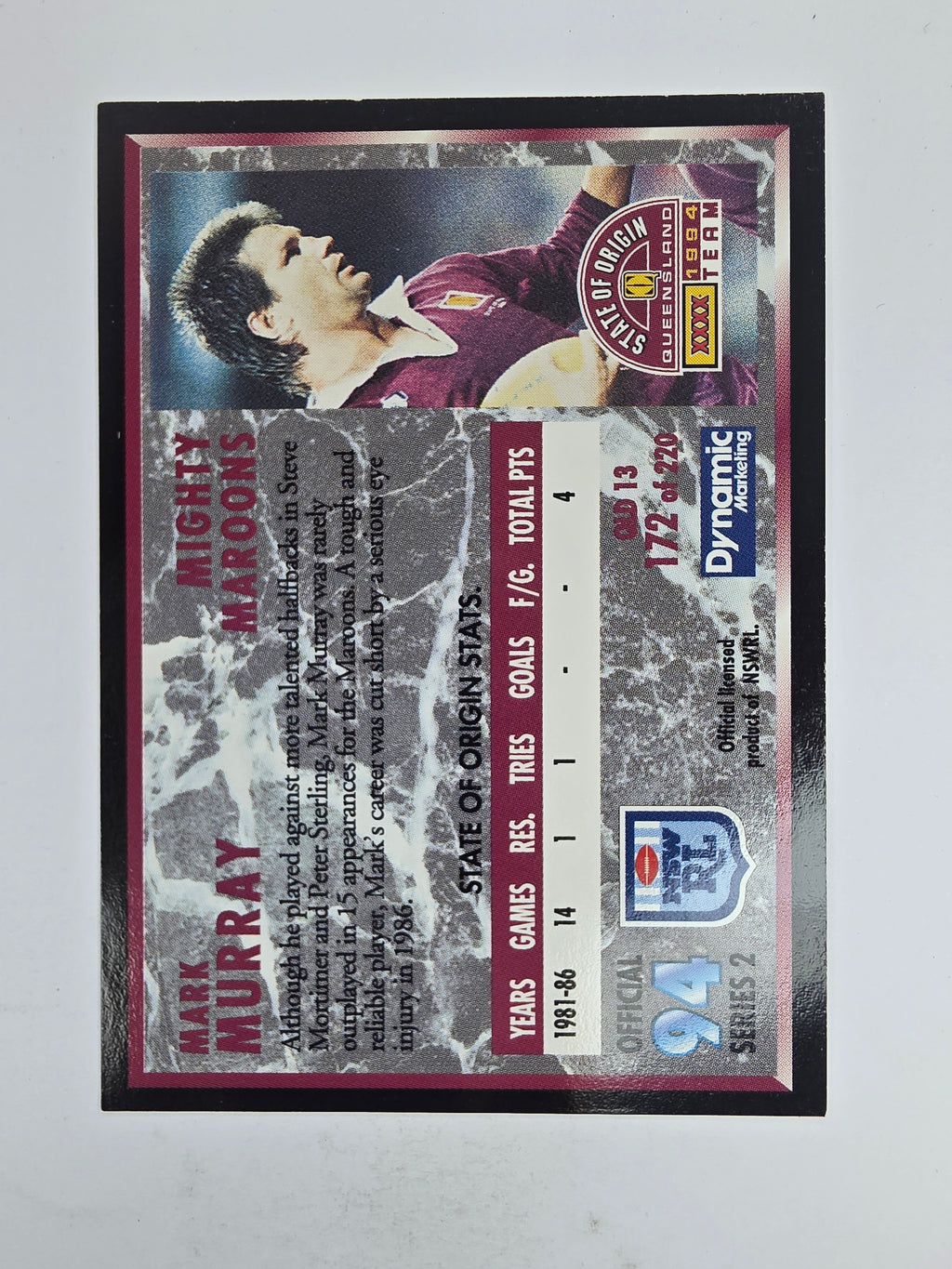 1994 Dynamic Series 2 Base Card #172 Mark Murray Queensland Maroons