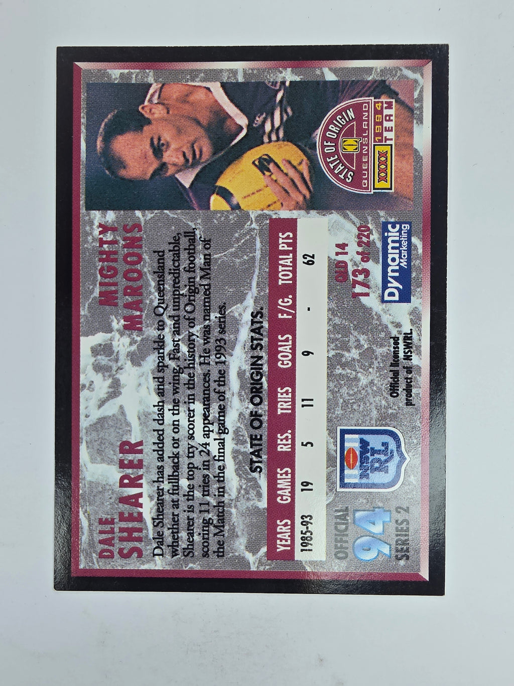 1994 Dynamic Series 2 Base Card #173 Dale Shearer Queensland Maroons