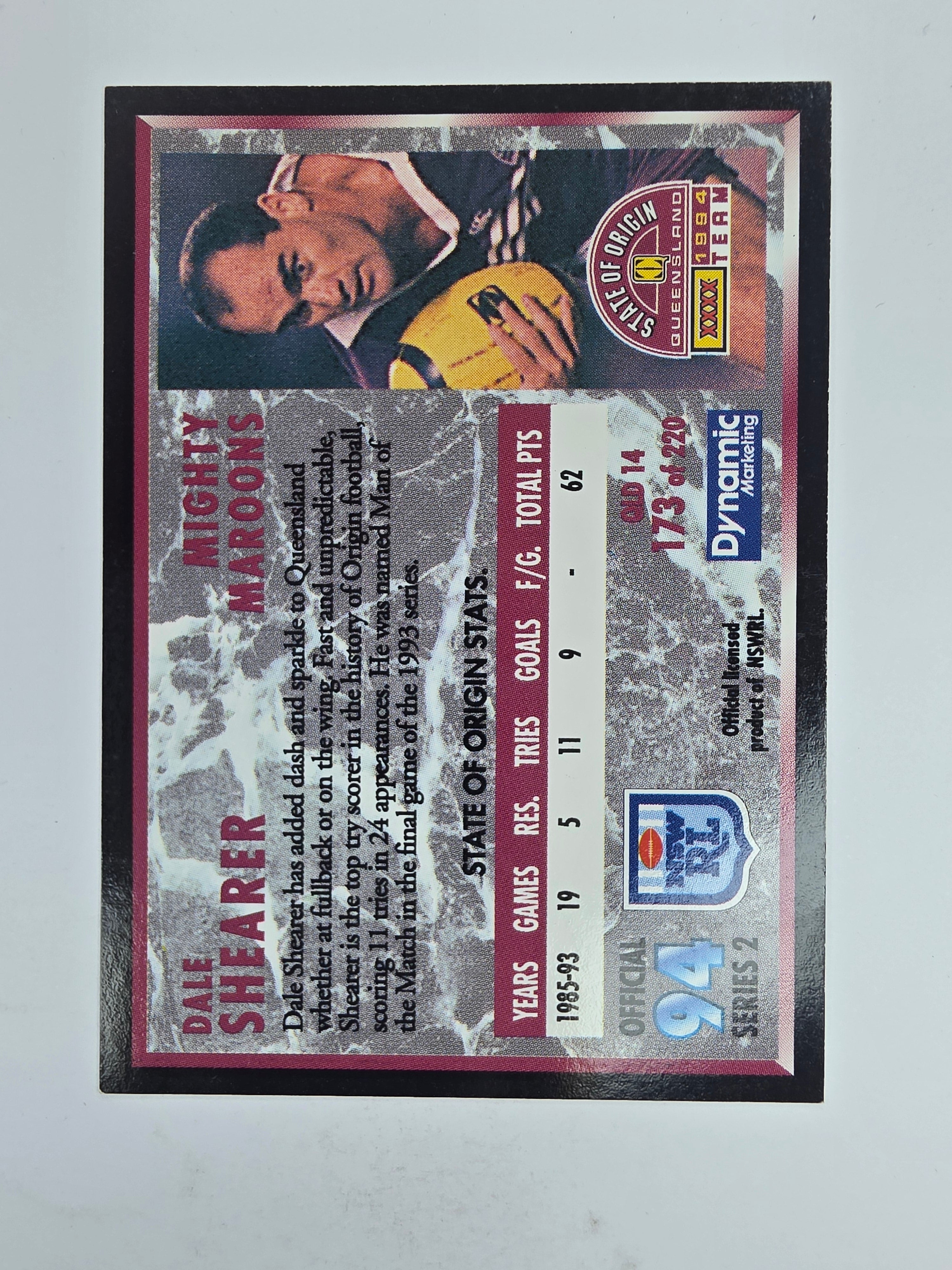 1994 Dynamic Series 2 Base Card #173 Dale Shearer Queensland Maroons