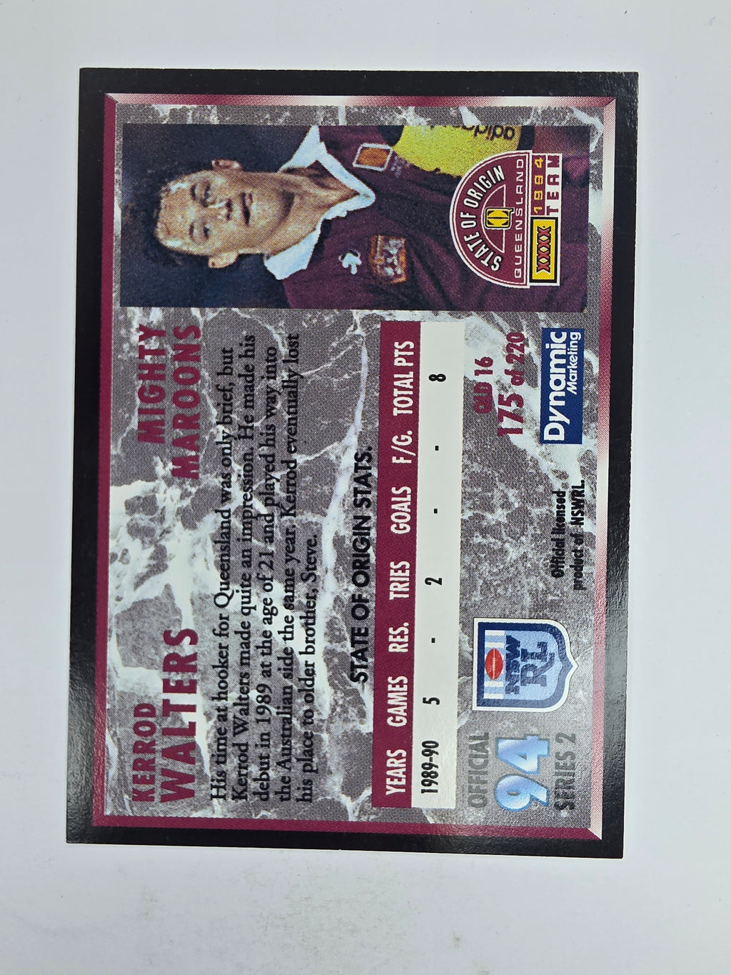 1994 Dynamic Series 2 Base Card #175 Kerrod Walters Queensland Maroons