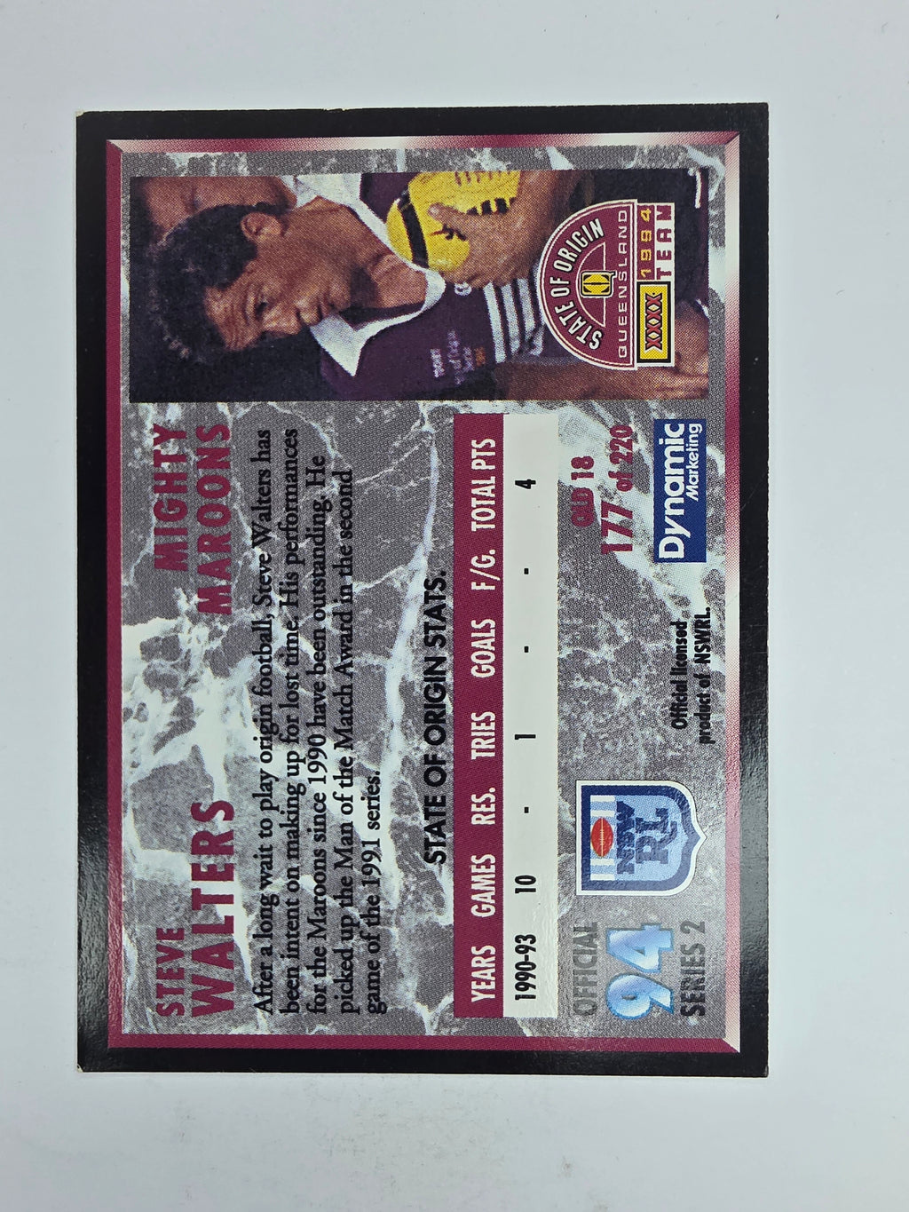 1994 Dynamic Series 2 Base Card #177 Steve Walters Queensland Maroons