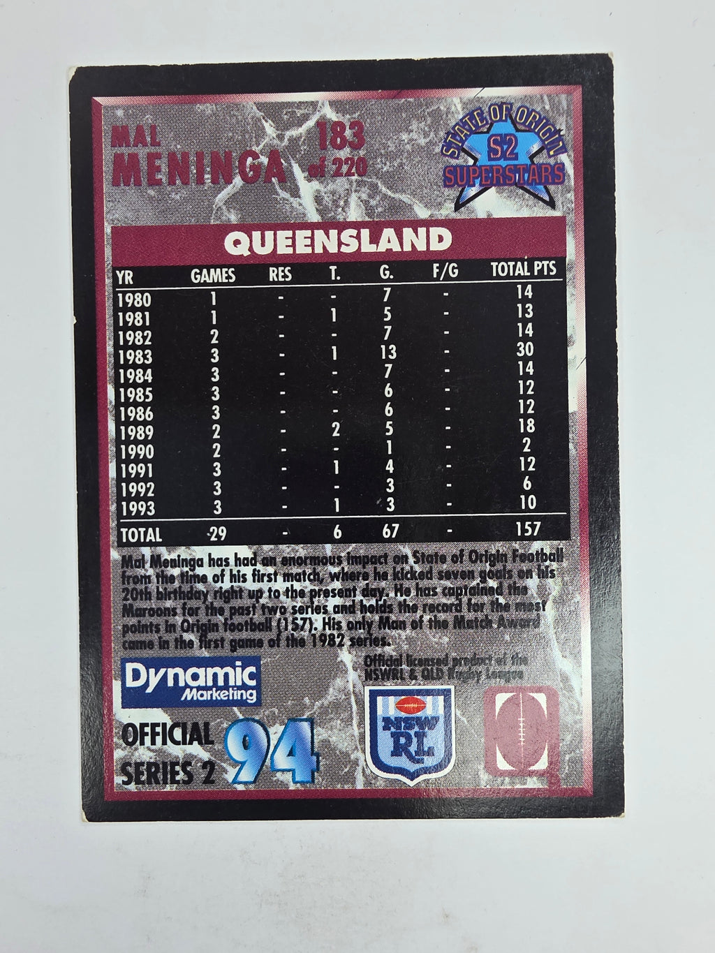 1994 Dynamic Series 2 Base Card #183 Mal Meninga Queensland Maroons