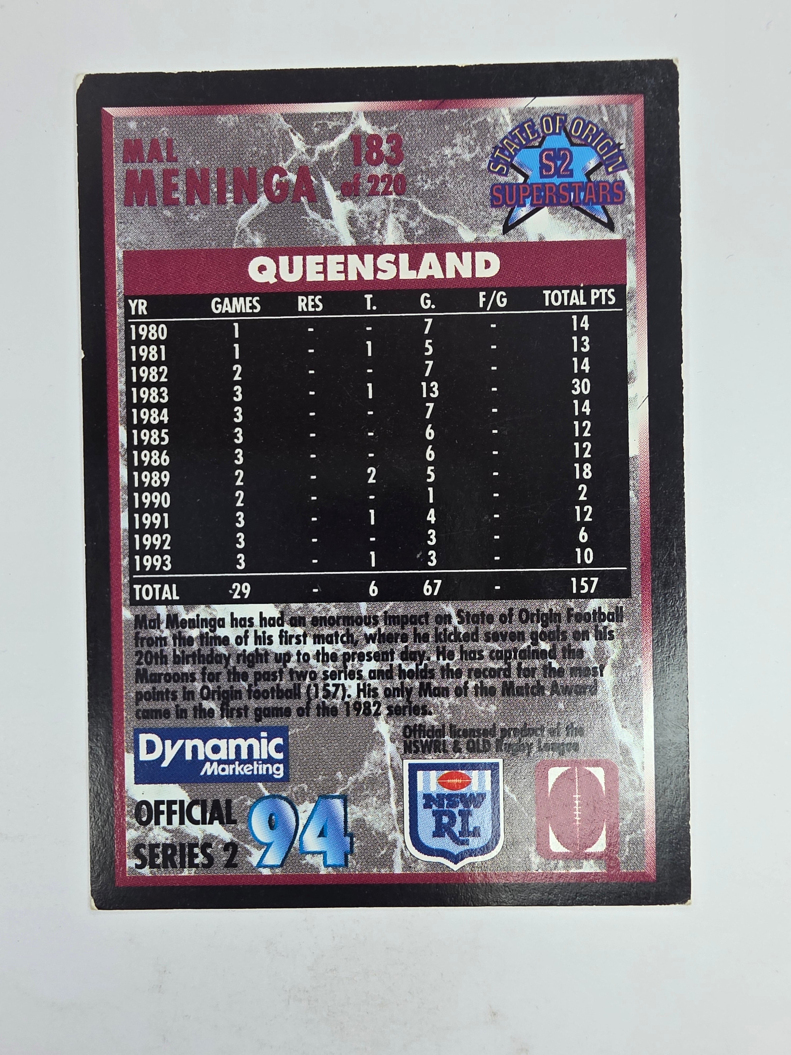 1994 Dynamic Series 2 Base Card #183 Mal Meninga Queensland Maroons