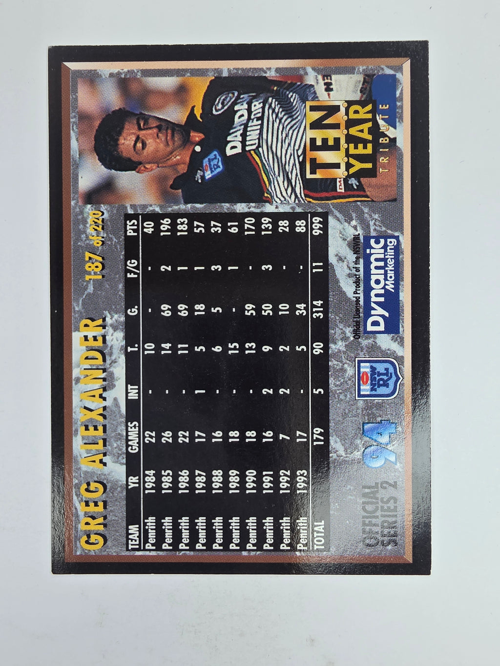 1994 Dynamic Series 2 Base Card #187 Greg Alexander Penrith Panthers