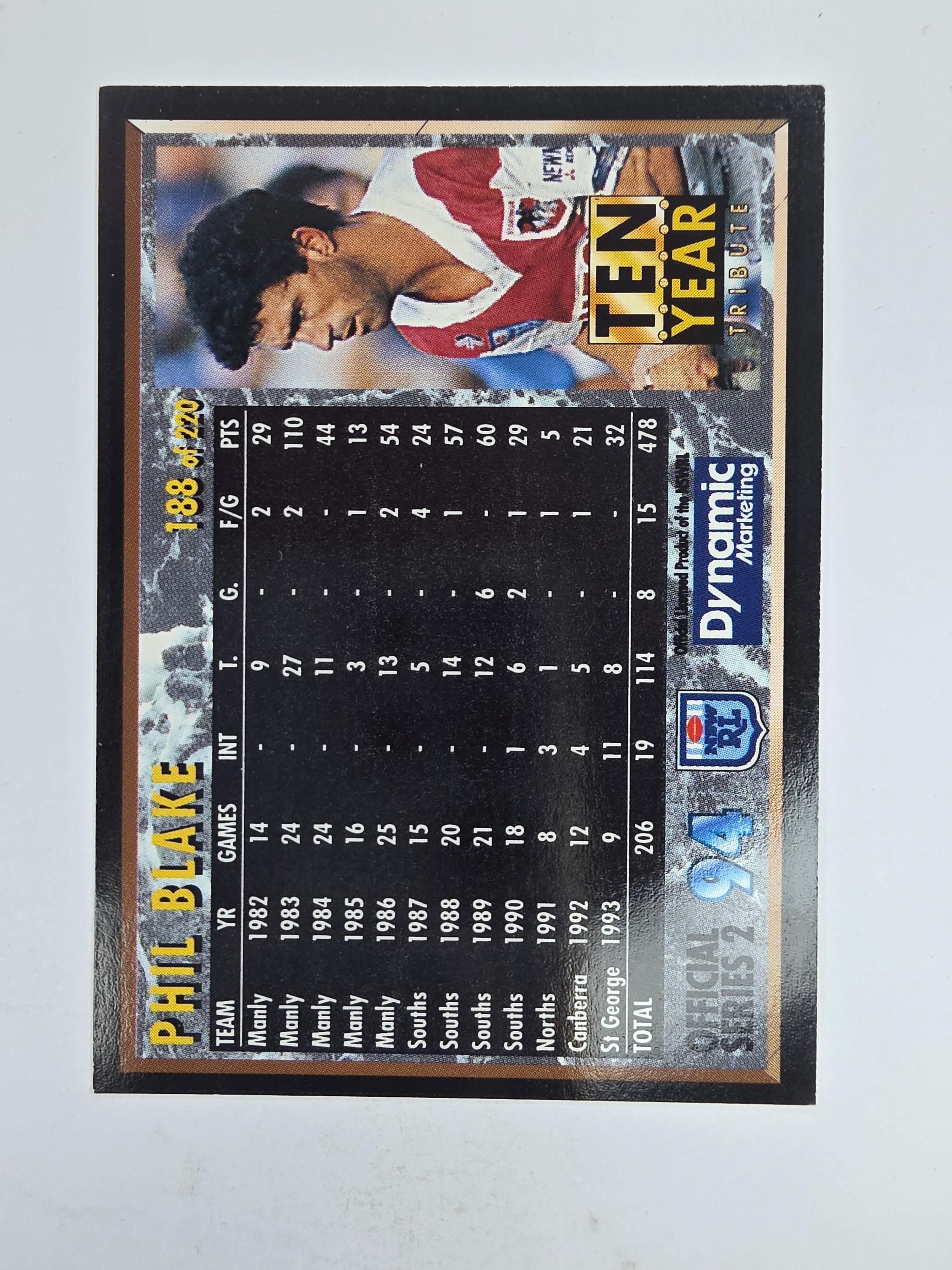 1994 Dynamic Series 2 Base Card #188 Phil Blake South Sydney Rabbitohs