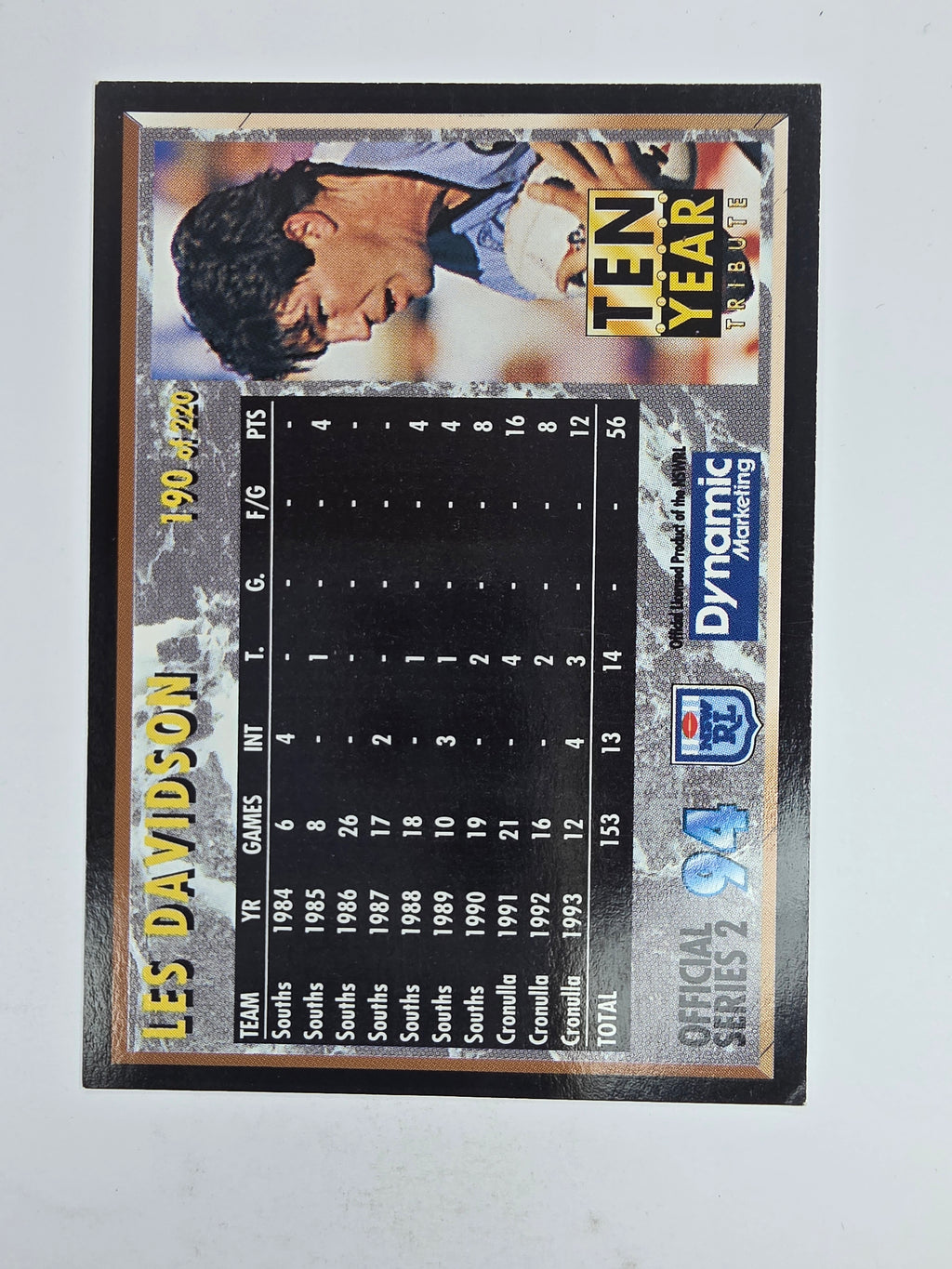 1994 Dynamic Series 2 Base Card #190 Les Davidson South Sydney Rabbitohs