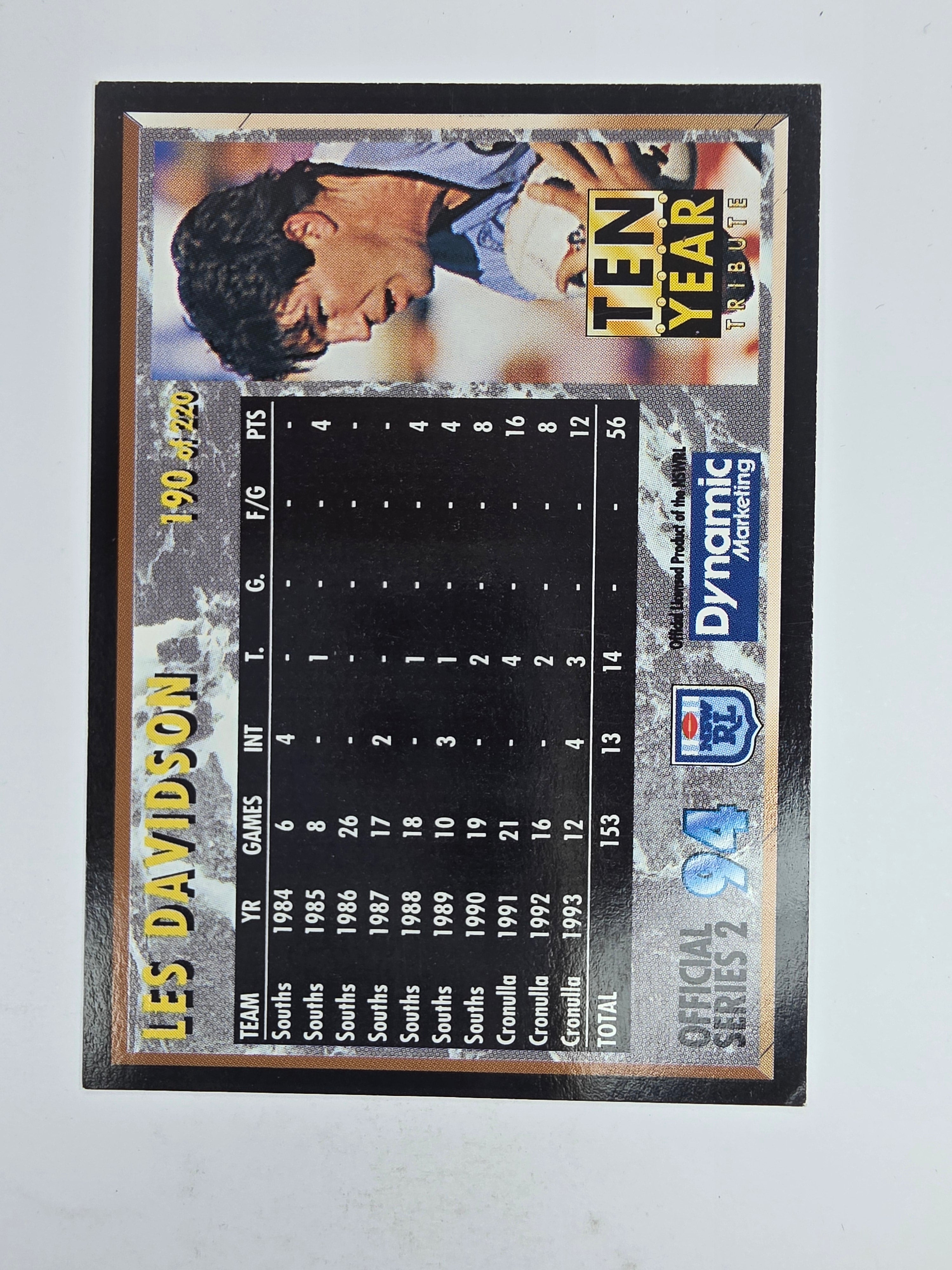1994 Dynamic Series 2 Base Card #190 Les Davidson South Sydney Rabbitohs