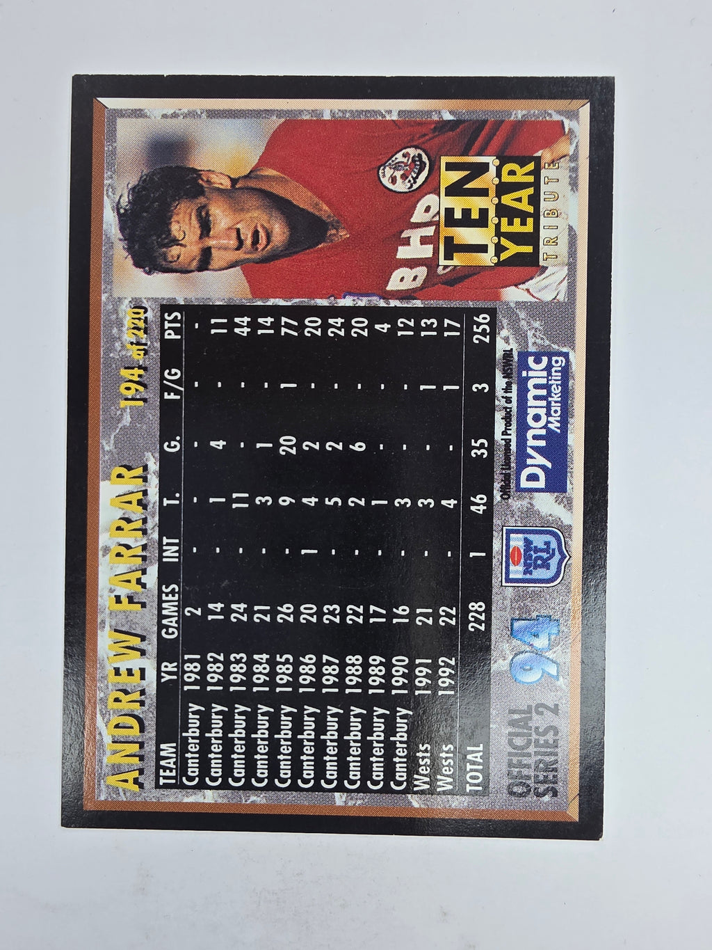 1994 Dynamic Series 2 Base Card #194 Andrew Farrar Canterbury Bankstown Bulldogs