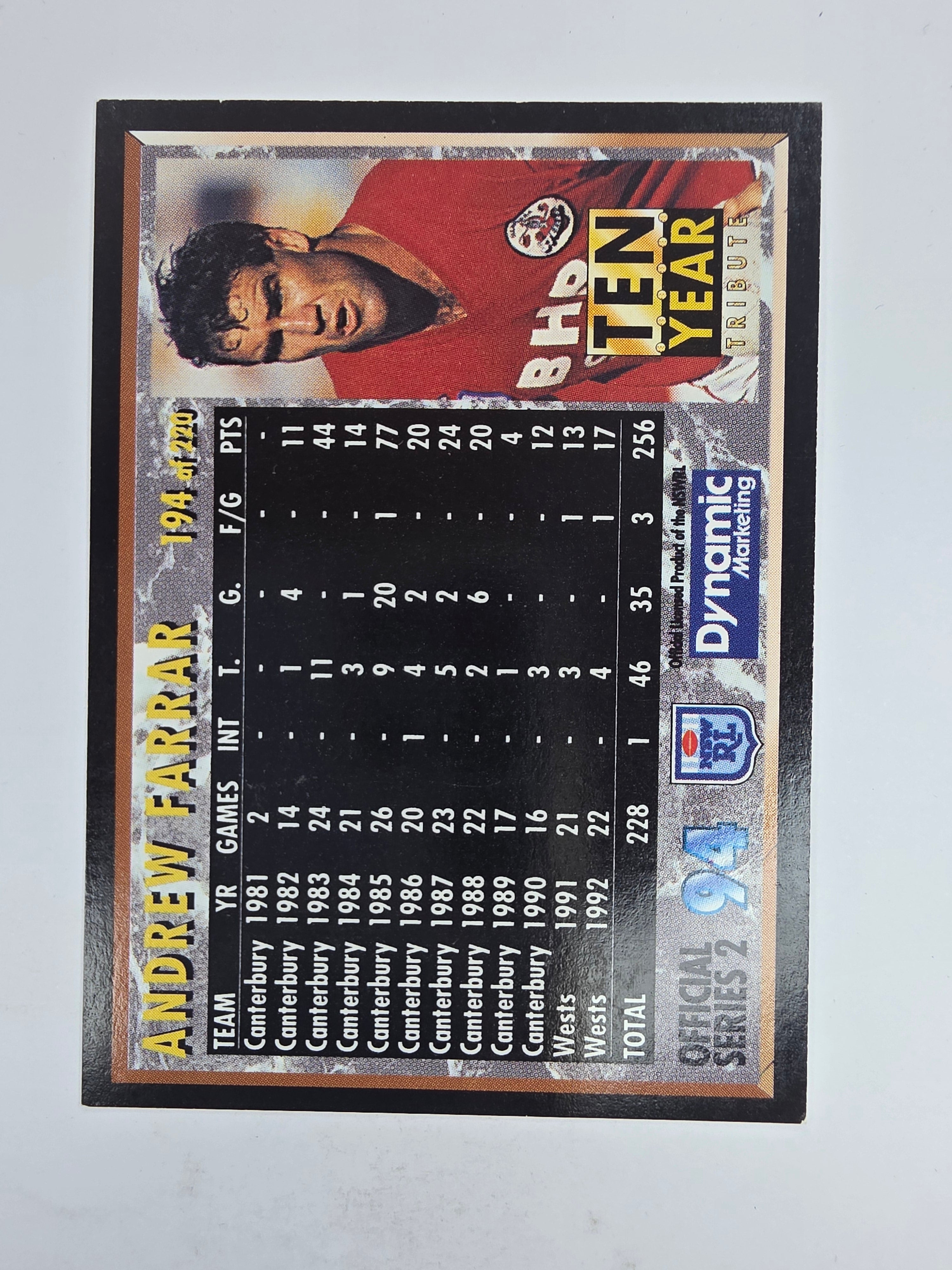 1994 Dynamic Series 2 Base Card #194 Andrew Farrar Canterbury Bankstown Bulldogs