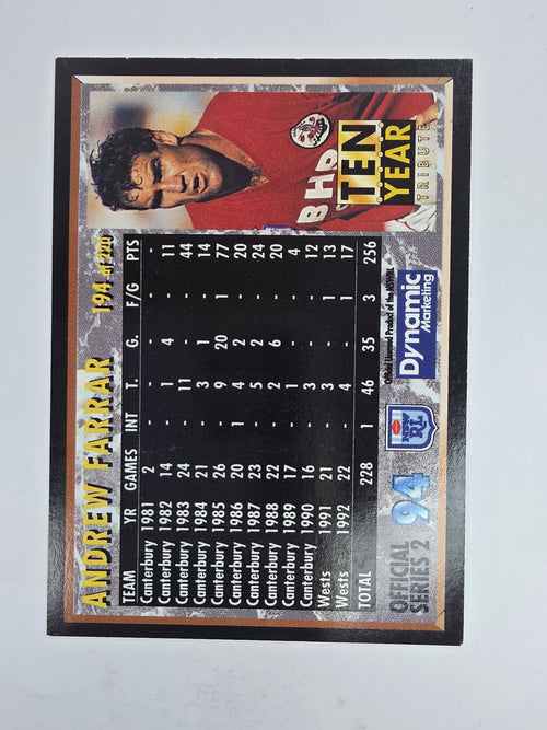 1994 Dynamic Series 2 Base Card #194 Andrew Farrar Canterbury Bankstown Bulldogs