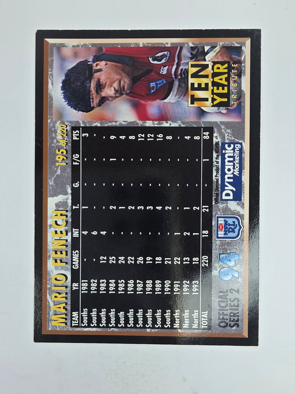 1994 Dynamic Series 2 Base Card #195 Mario Fenech South Sydney Rabbitohs