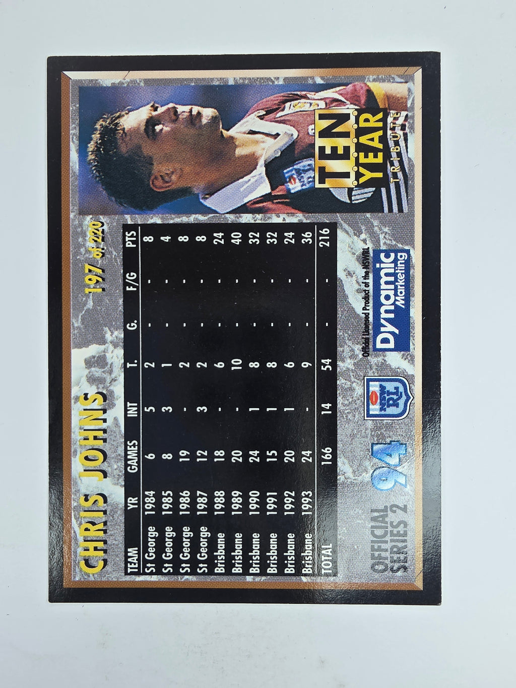 1994 Dynamic Series 2 Base Card #197 Chris Johns Brisbane Broncos