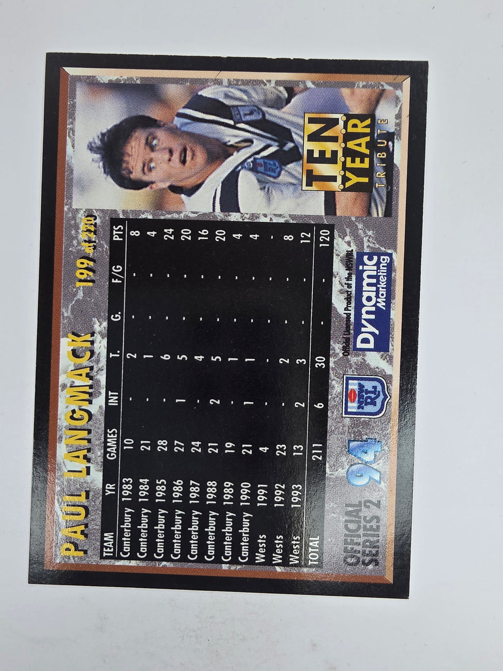 1994 Dynamic Series 2 Base Card #199 Paul Langmack Canterbury Bankstown Bulldogs