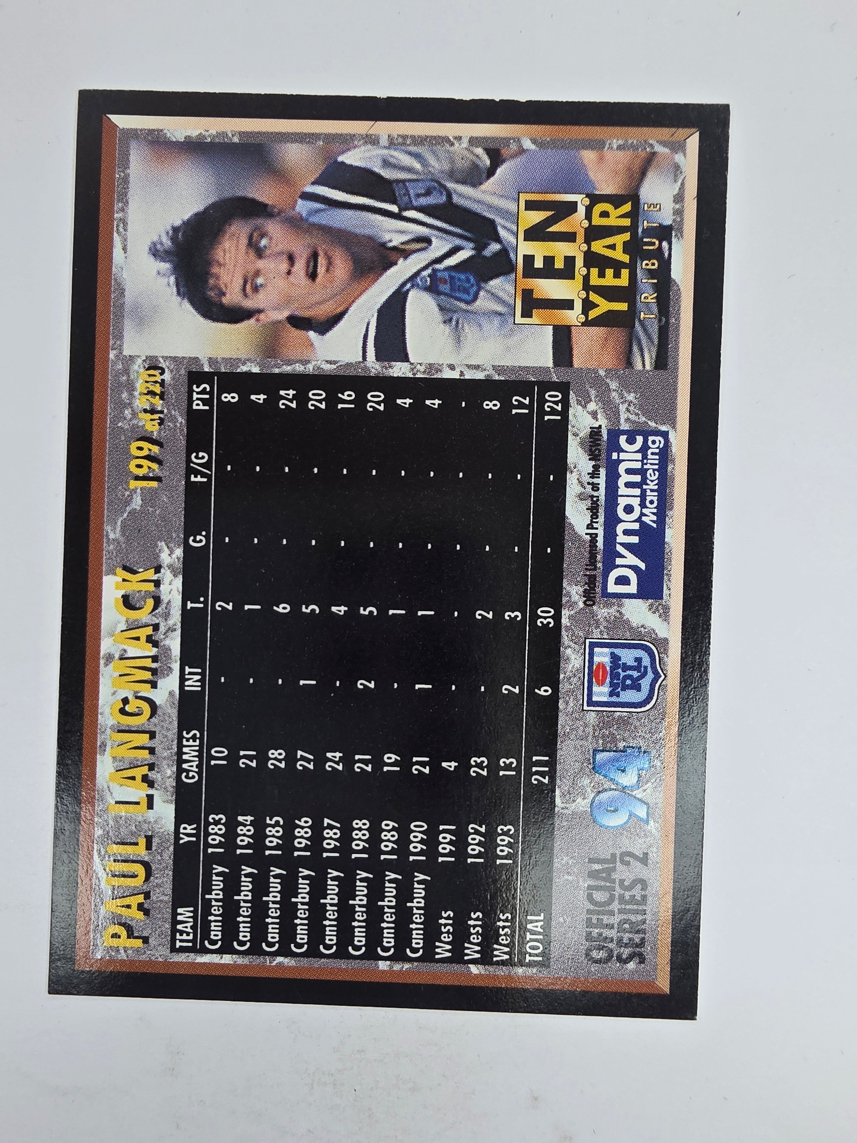 1994 Dynamic Series 2 Base Card #199 Paul Langmack Canterbury Bankstown Bulldogs