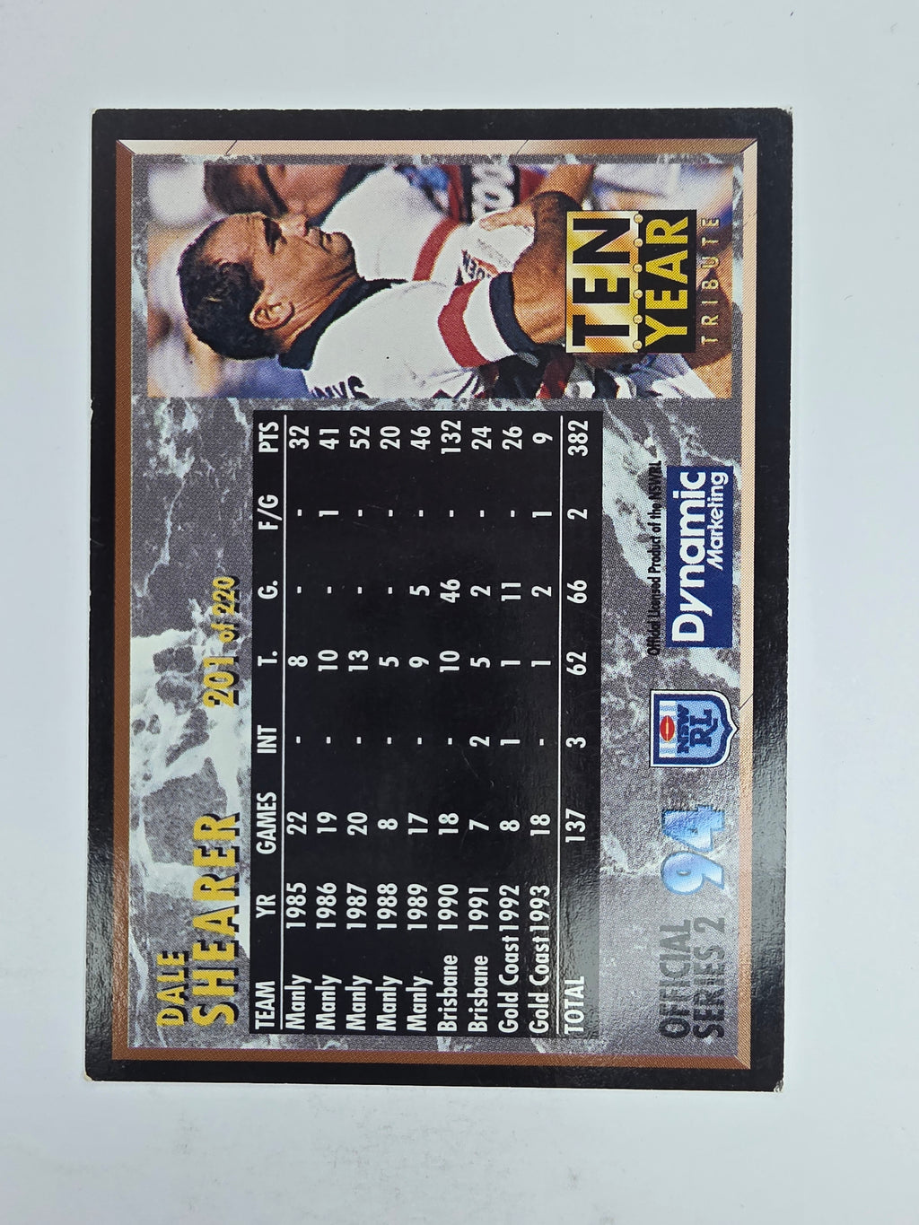 1994 Dynamic Series 2 Base Card #201 Dale Shearer Manly Warringah Sea Eagles