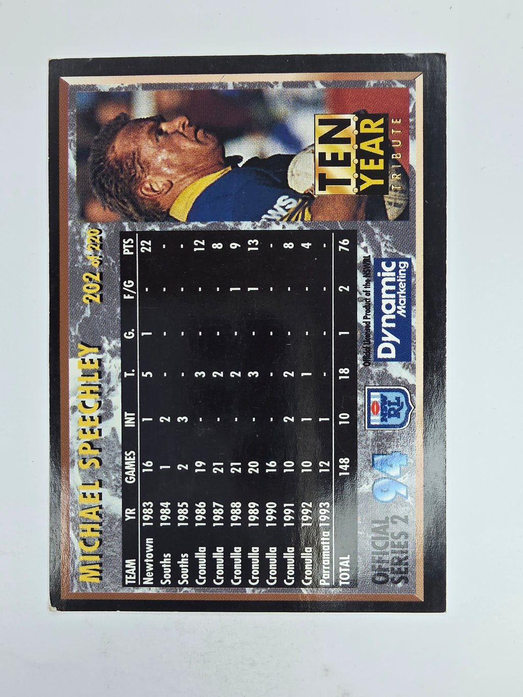 1994 Dynamic Series 2 Base Card #202 Michael Speechley Cronulla Sutherland Sharks