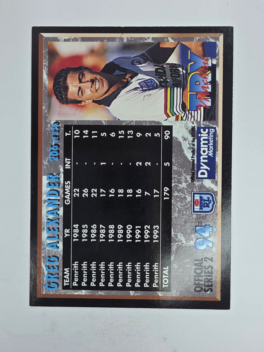 1994 Dynamic Series 2 Base Card #206 Greg Alexander Penrith Panthers