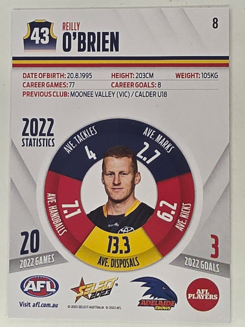 AFL 2023 Footy Stars Base Card #008 Reilly O'Brien Adelaide Crows