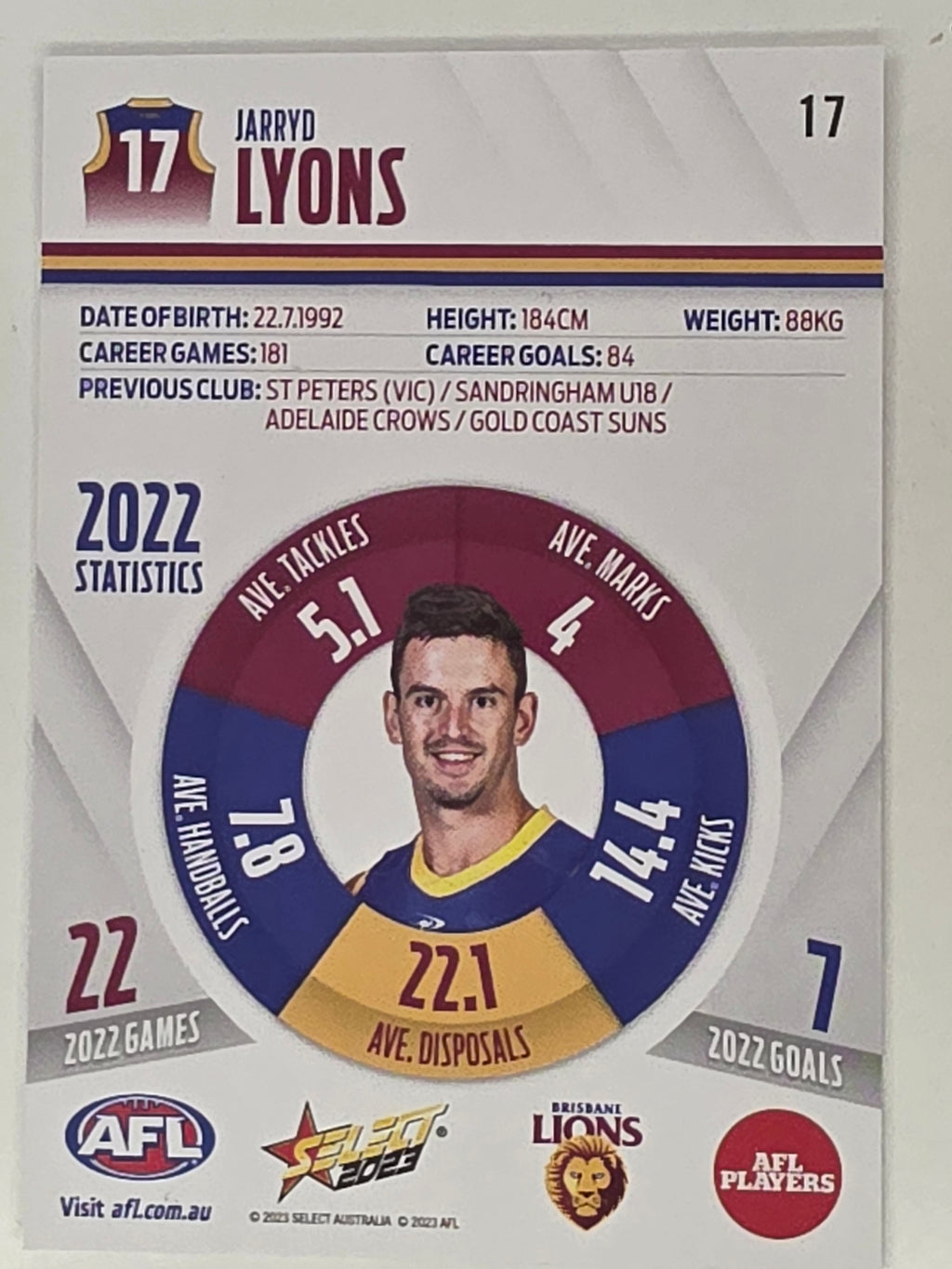 AFL 2023 Footy Stars Base Card #017 Jarryd Lyons Brisbane Lions