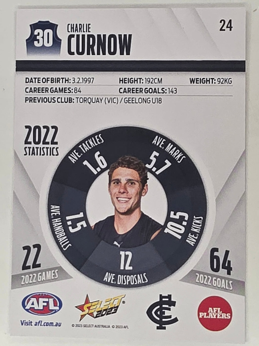 AFL 2023 Footy Stars Base Card #024 Charlie Curnow Carlton Blues