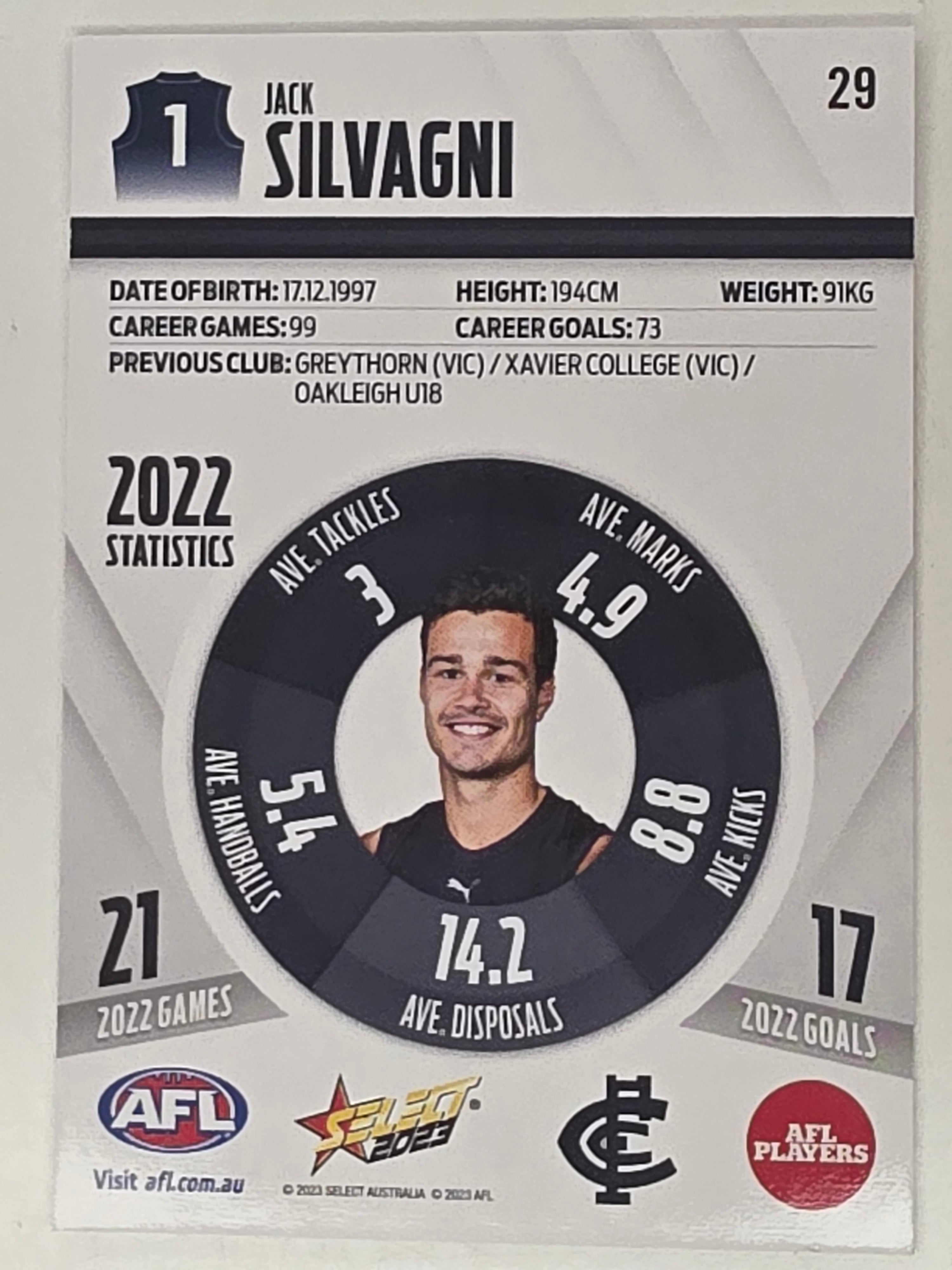 AFL 2023 Footy Stars Base Card #029 Jack Silvagni Carlton Blues