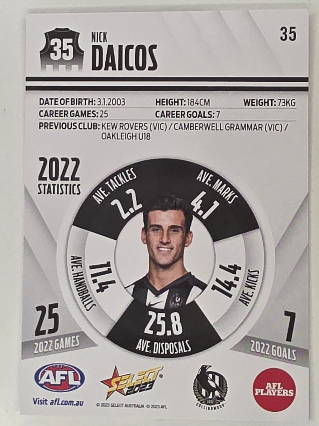 AFL 2023 Footy Stars Base Card #035 Nick Daicos Collingwood Magpies