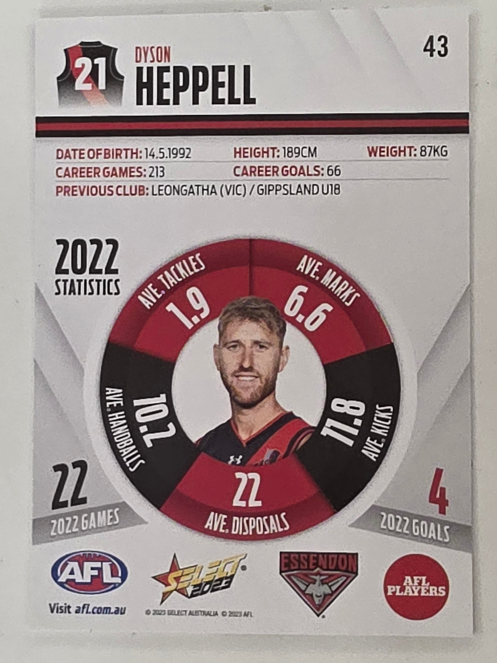 AFL 2023 Footy Stars Base Card #043 Dyson Heppell Essendon Bombers