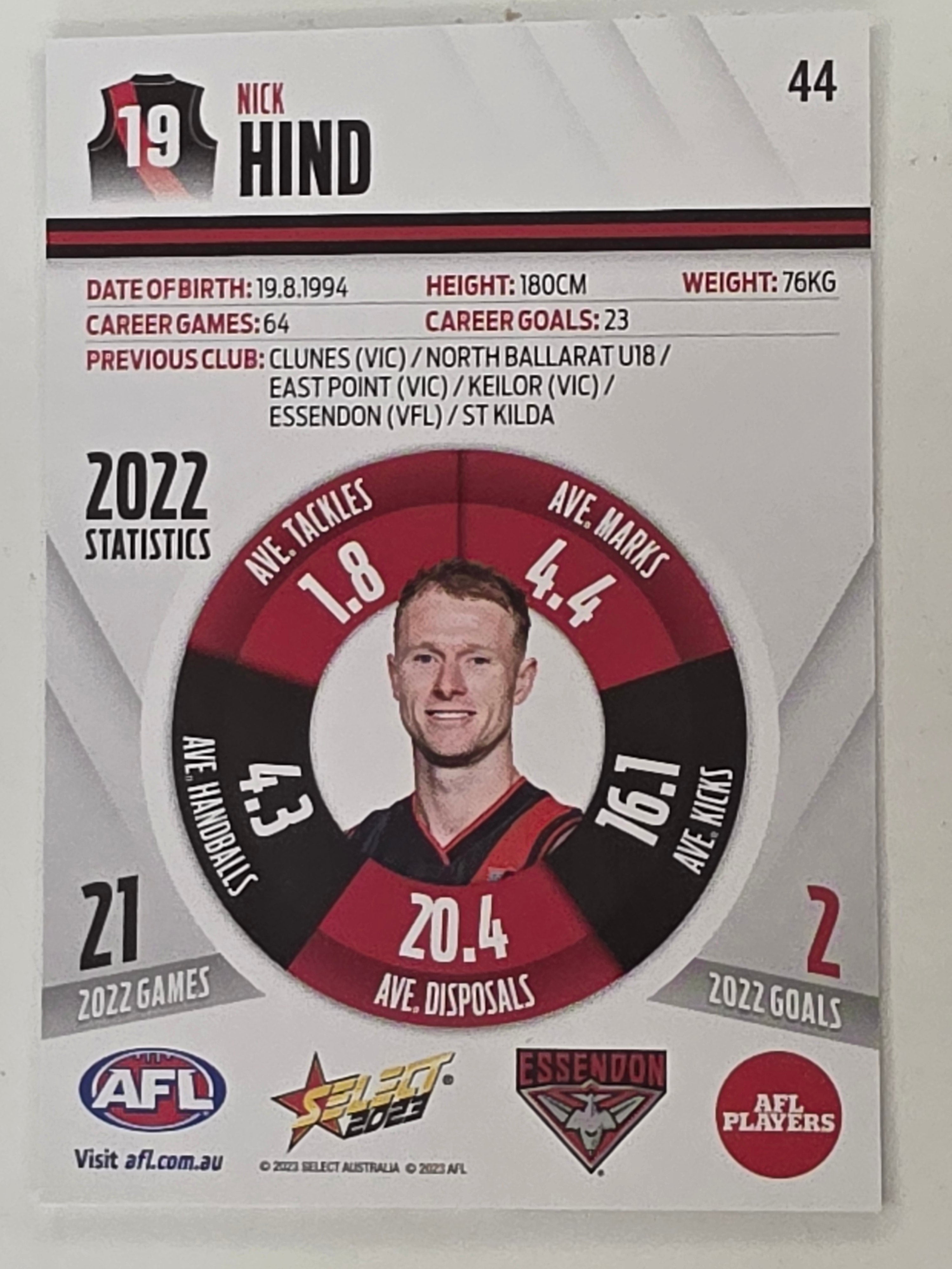 AFL 2023 Footy Stars Base Card #044 Nick Hind Essendon Bombers