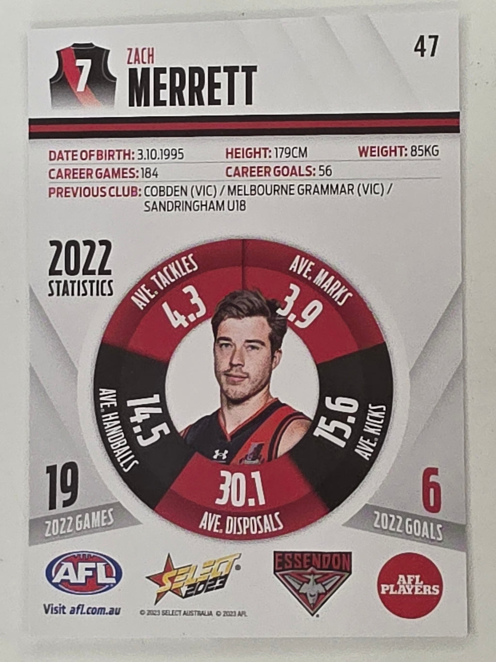 AFL 2023 Footy Stars Base Card #047 Zach Merrett Essendon Bombers