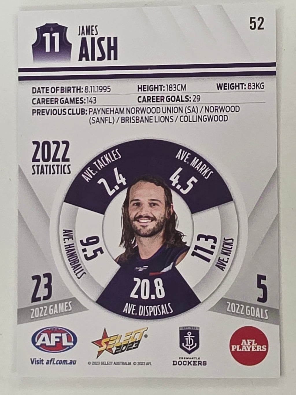 AFL 2023 Footy Stars Base Card #052 James Aish Fremantle Dockers