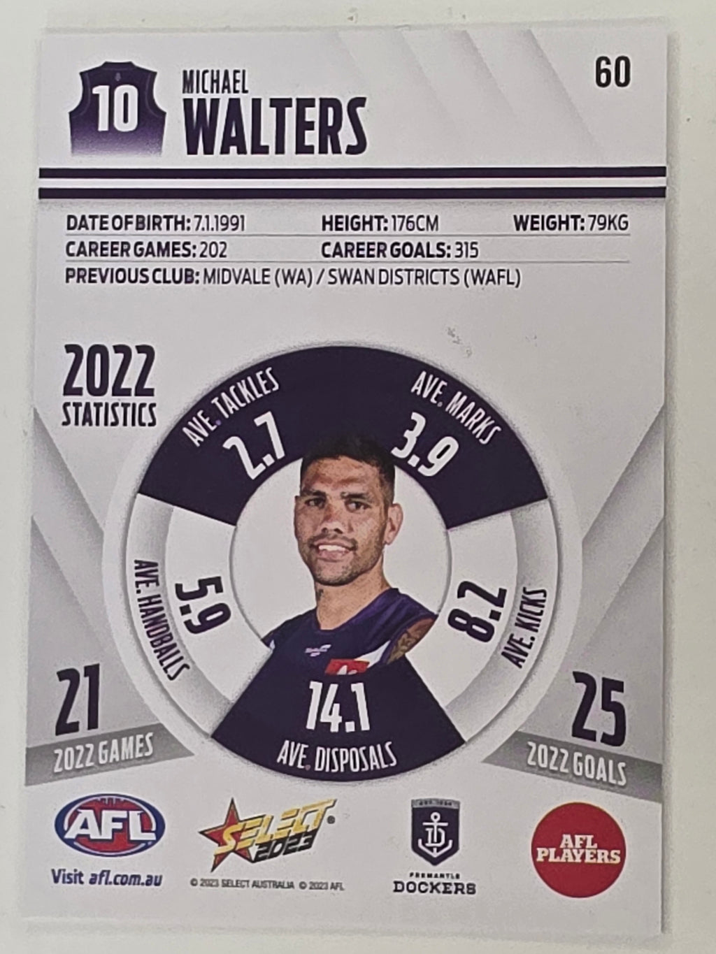 AFL 2023 Footy Stars Base Card #060 Michael Walters Fremantle Dockers