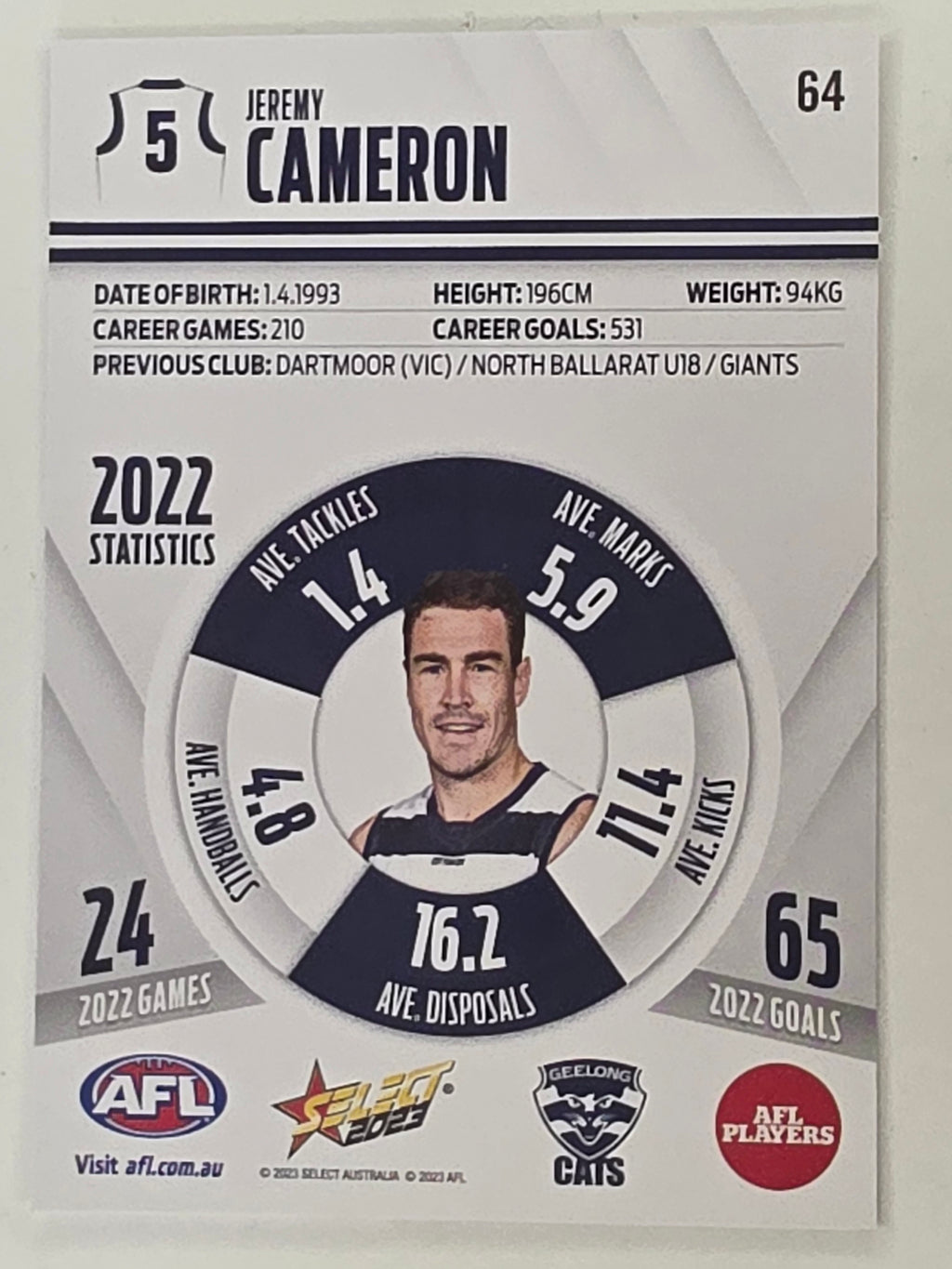 AFL 2023 Footy Stars Base Card #064 Jeremy Cameron Geelong Cats