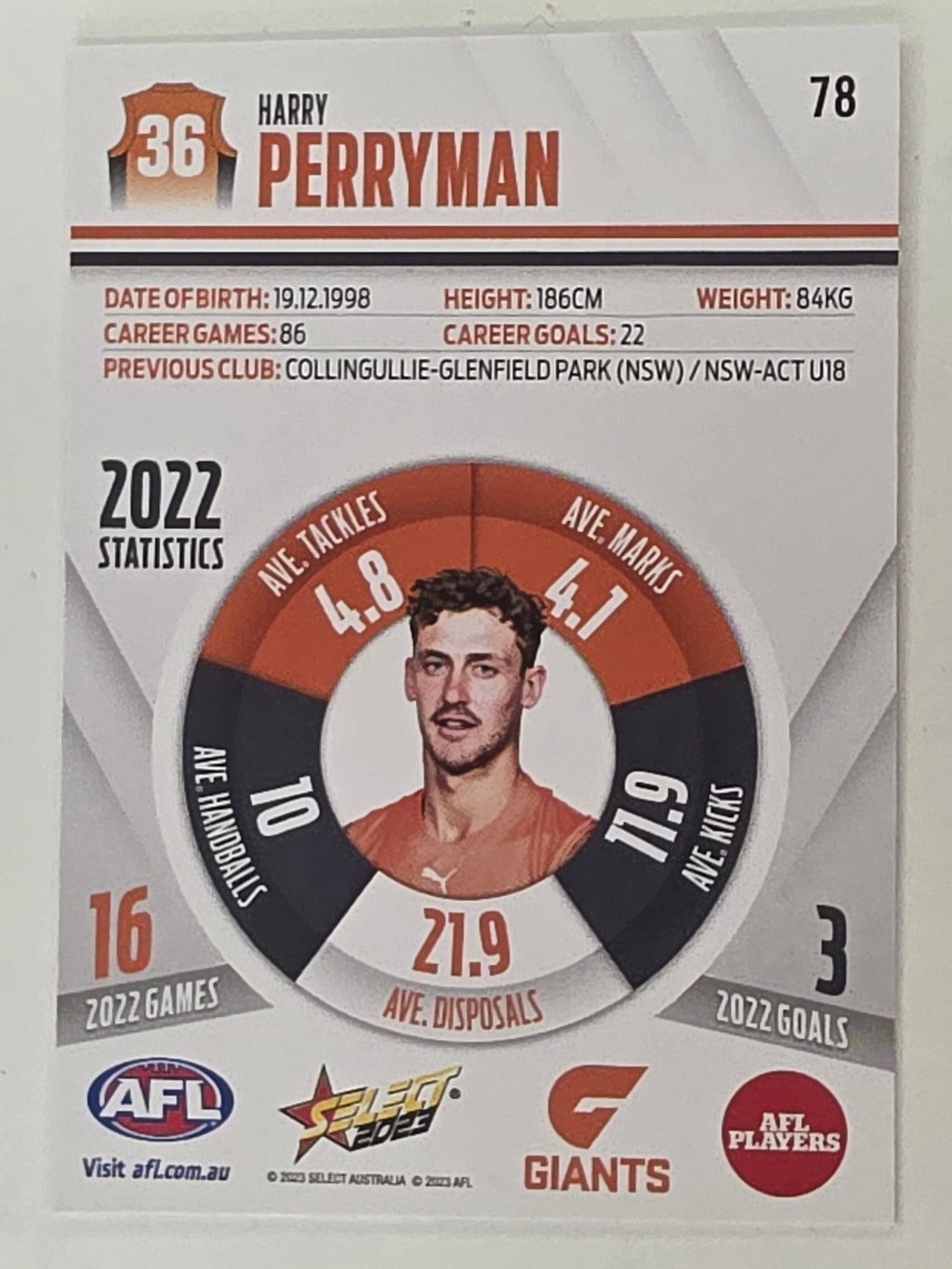 AFL 2023 Footy Stars Base Card #078 Harry Perryman GWS Giants