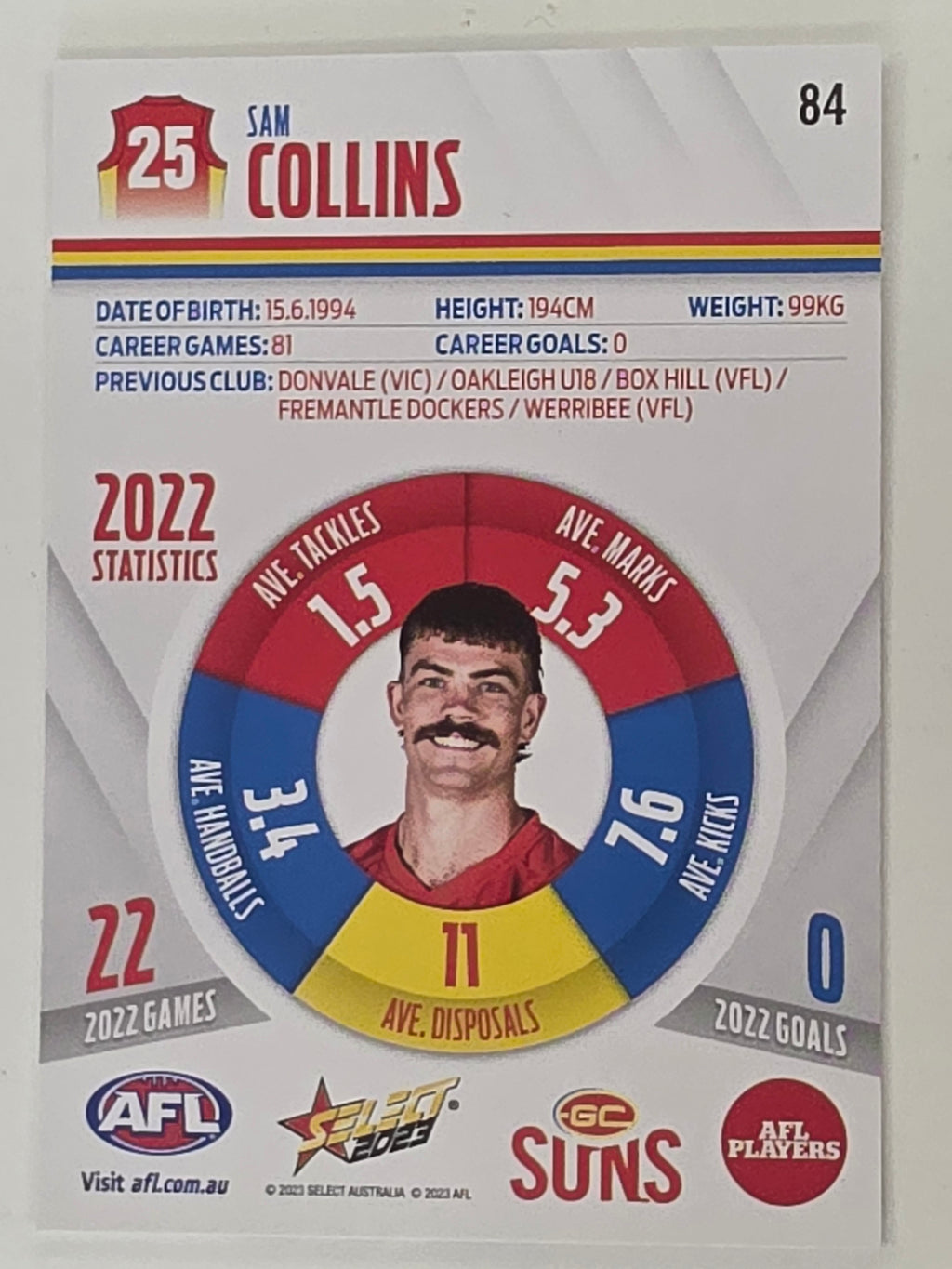 AFL 2023 Footy Stars Base Card #084 Sam Collins Gold Coast Suns