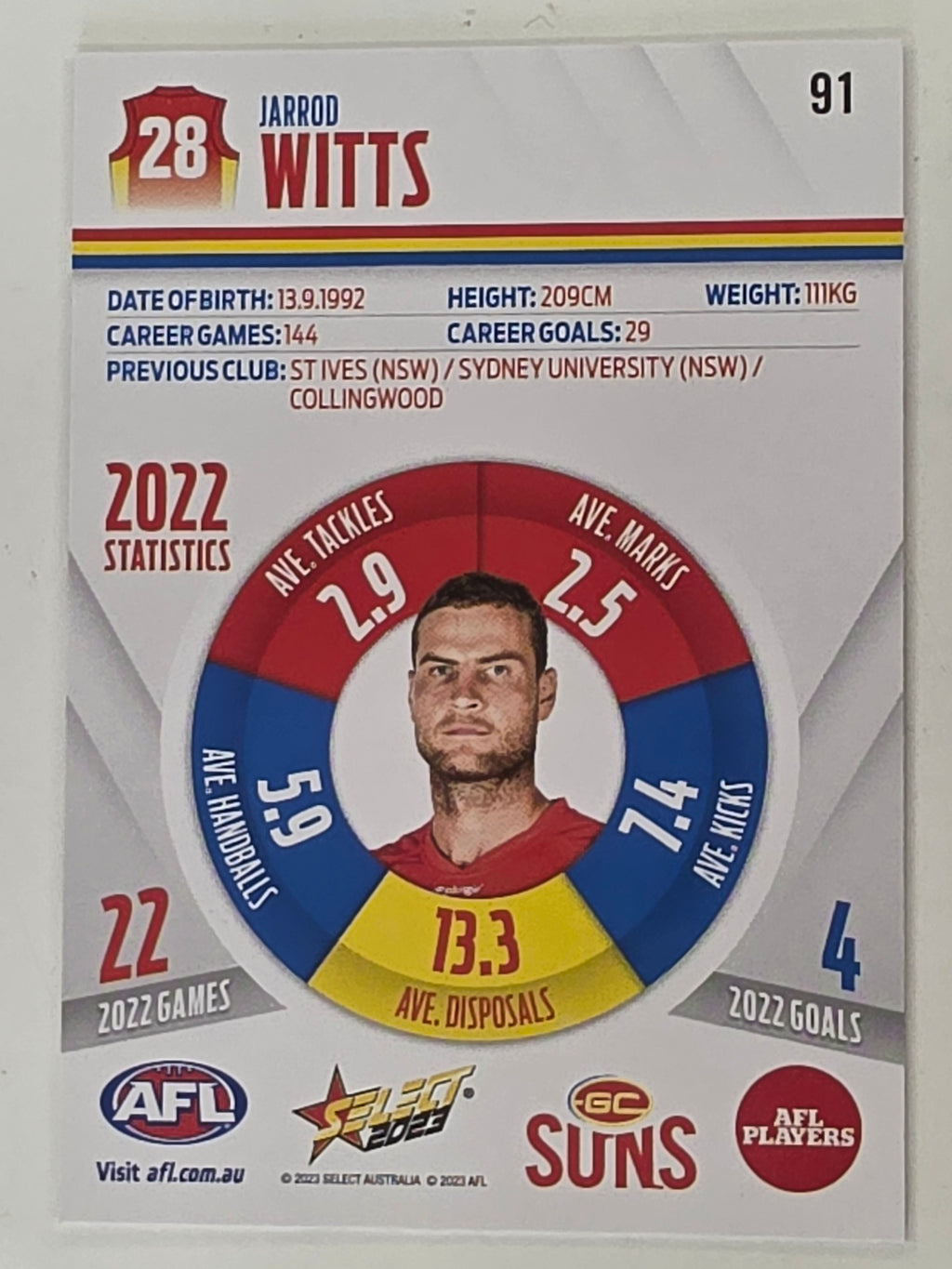 AFL 2023 Footy Stars Base Card #091 Jarrod Witts Gold Coast Suns