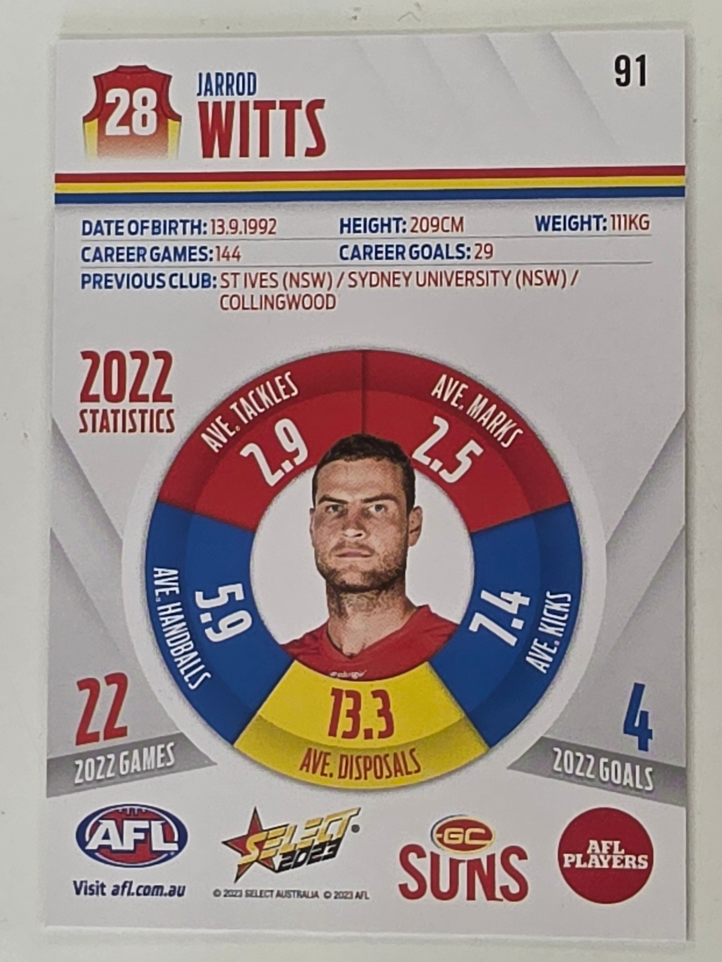 AFL 2023 Footy Stars Base Card #091 Jarrod Witts Gold Coast Suns