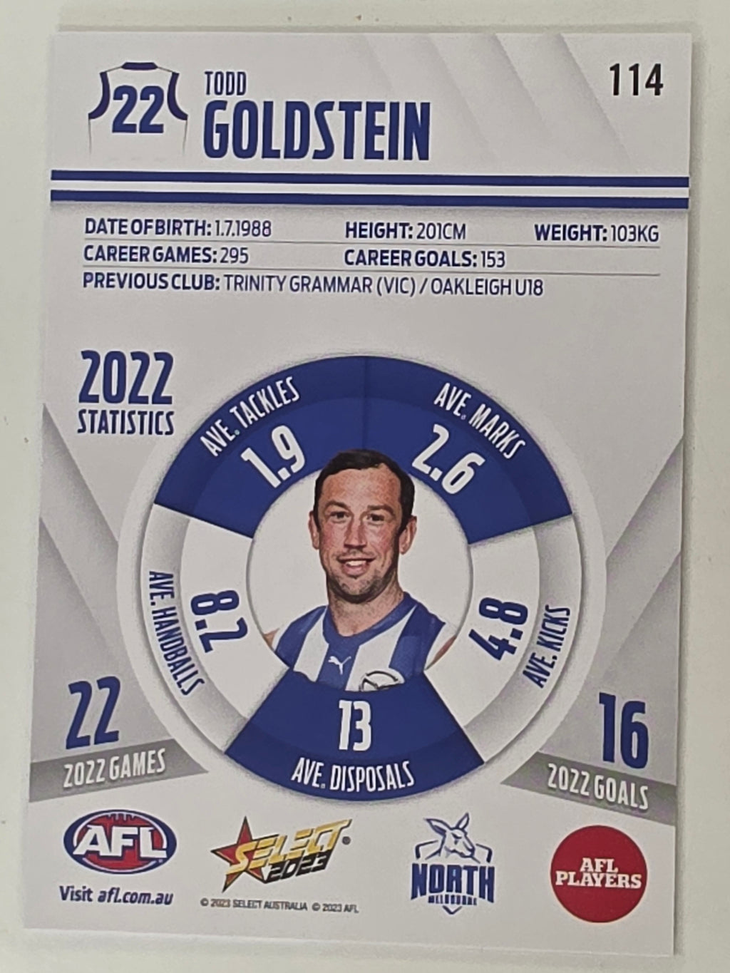 AFL 2023 Footy Stars Base Card #114 Todd Goldstein North Melbourne Kangaroos