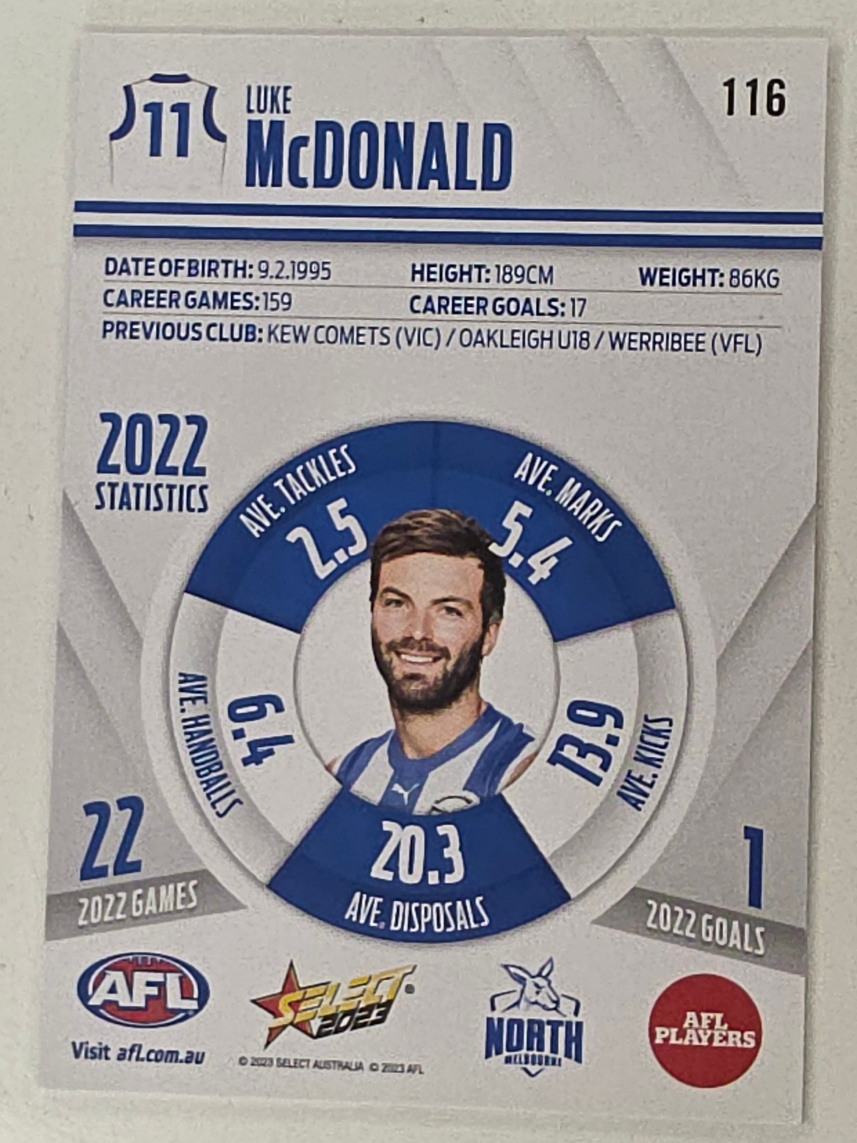 AFL 2023 Footy Stars Base Card #116 Luke McDonald North Melbourne Kangaroos
