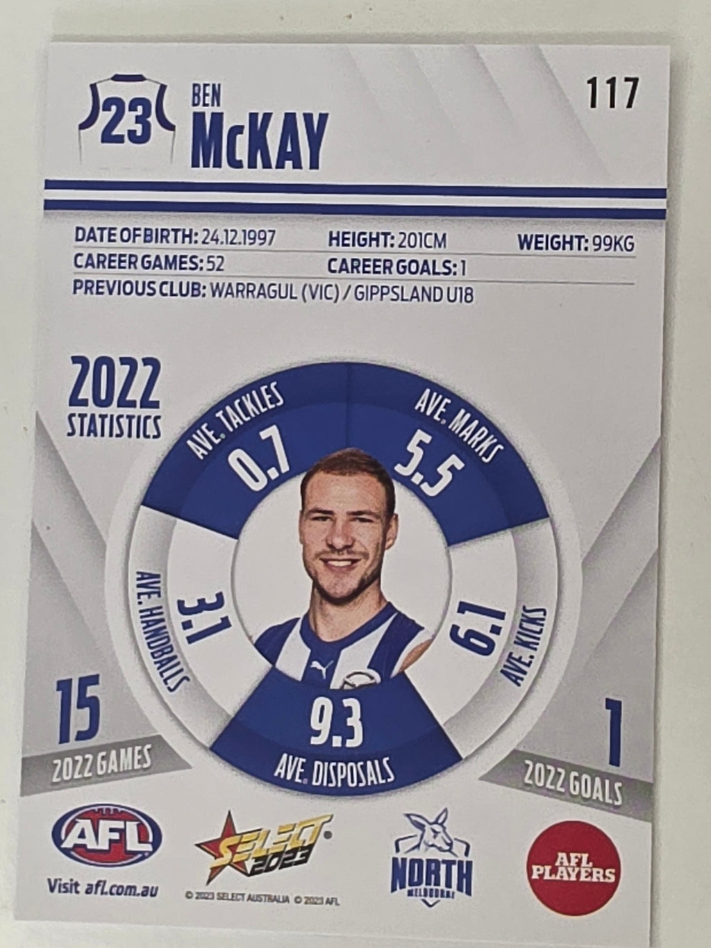 AFL 2023 Footy Stars Base Card #117 Ben McKay North Melbourne Kangaroos