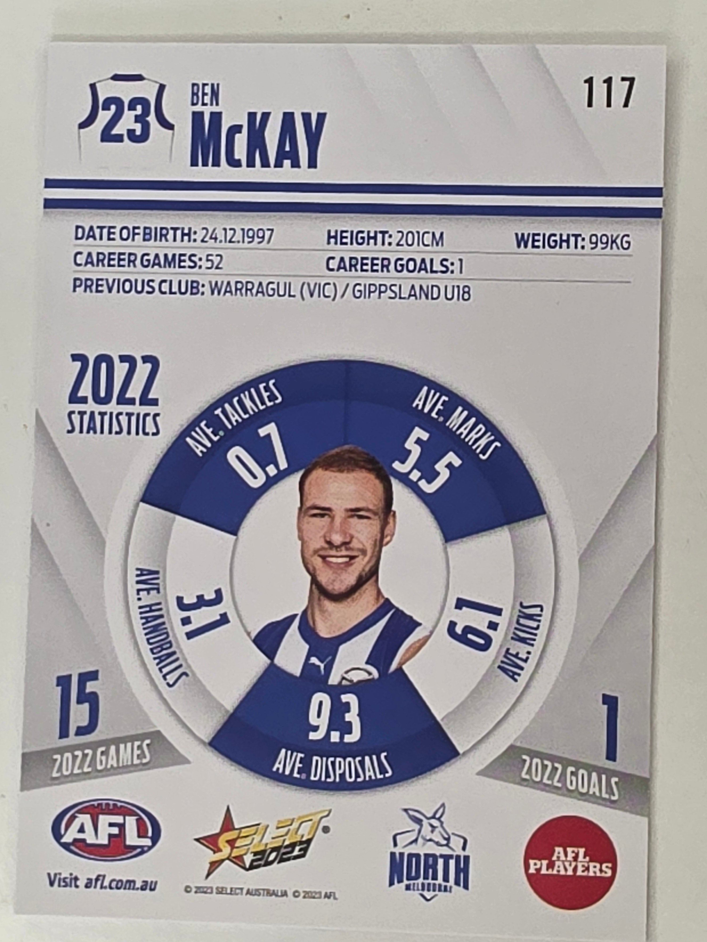 AFL 2023 Footy Stars Base Card #117 Ben McKay North Melbourne Kangaroos