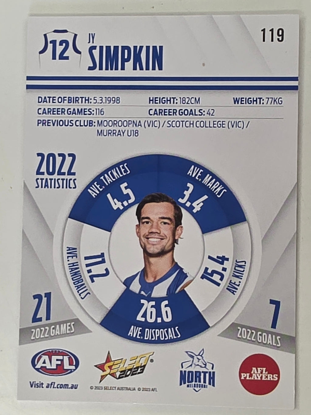 AFL 2023 Footy Stars Base Card #119 Jy Simpkin North Melbourne Kangaroos