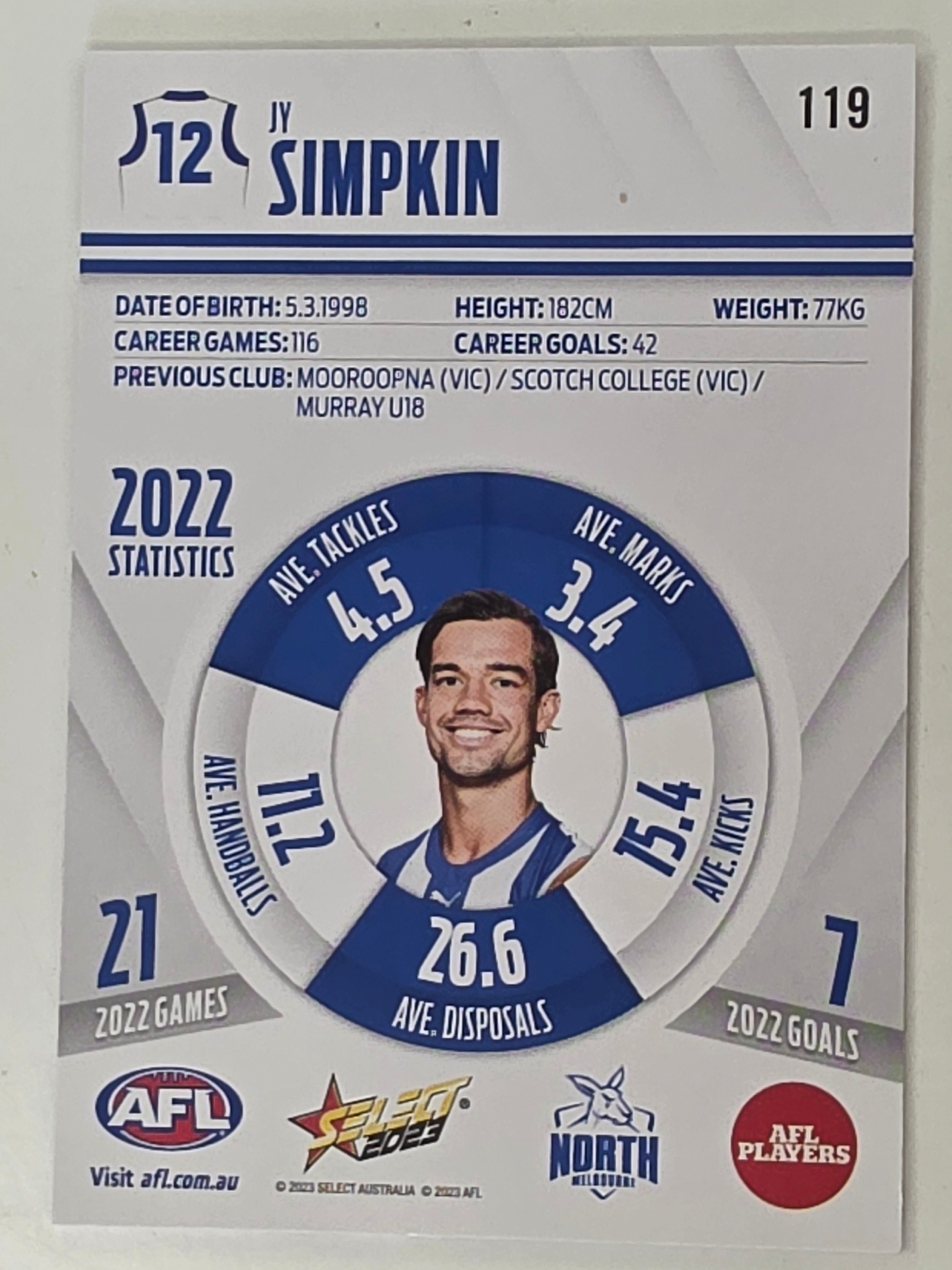 AFL 2023 Footy Stars Base Card #119 Jy Simpkin North Melbourne Kangaroos