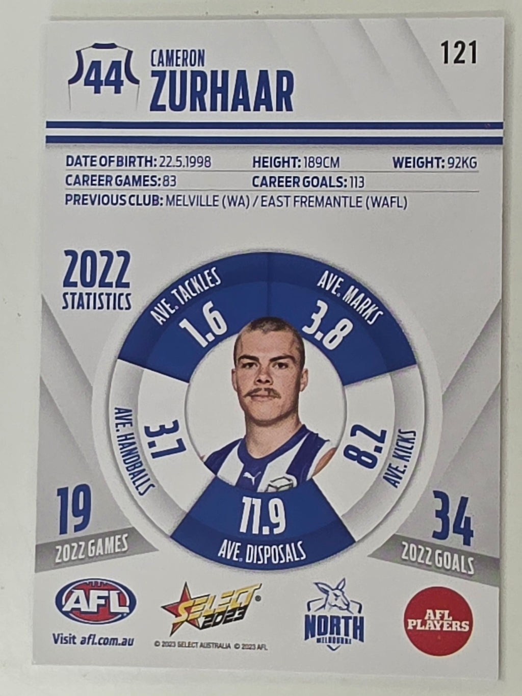 AFL 2023 Footy Stars Base Card #121 Cameron Zurhaar North Melbourne Kangaroos