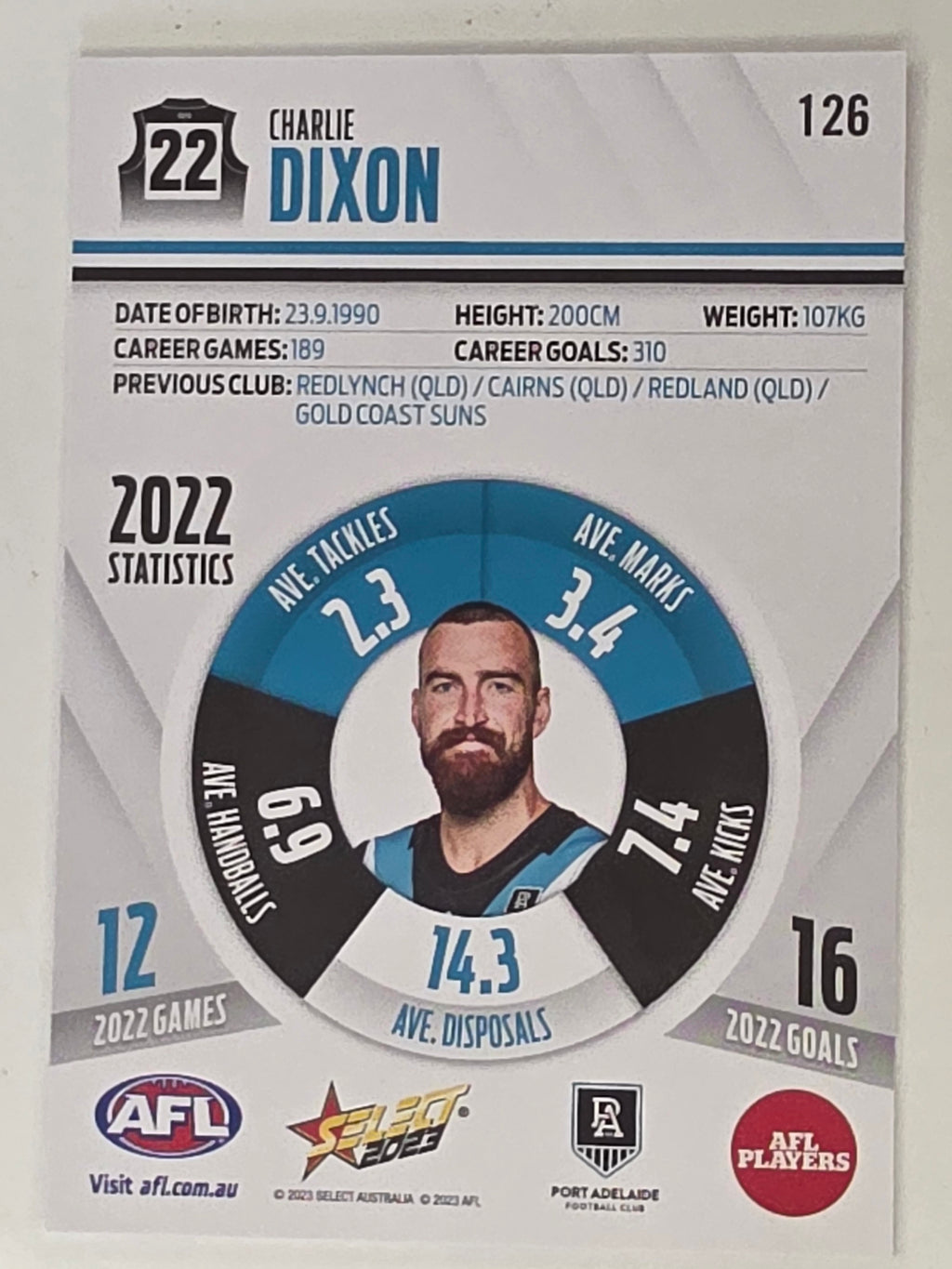 AFL 2023 Footy Stars Base Card #126 Charlie Dixon Port Adelaide Power