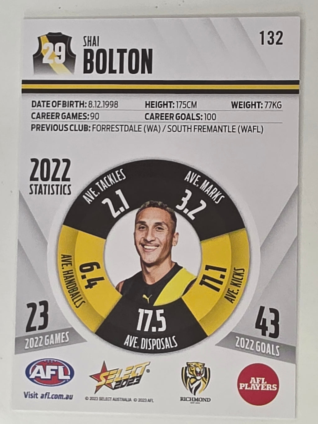 AFL 2023 Footy Stars Base Card #132 Shai Bolton Richmond Tigers
