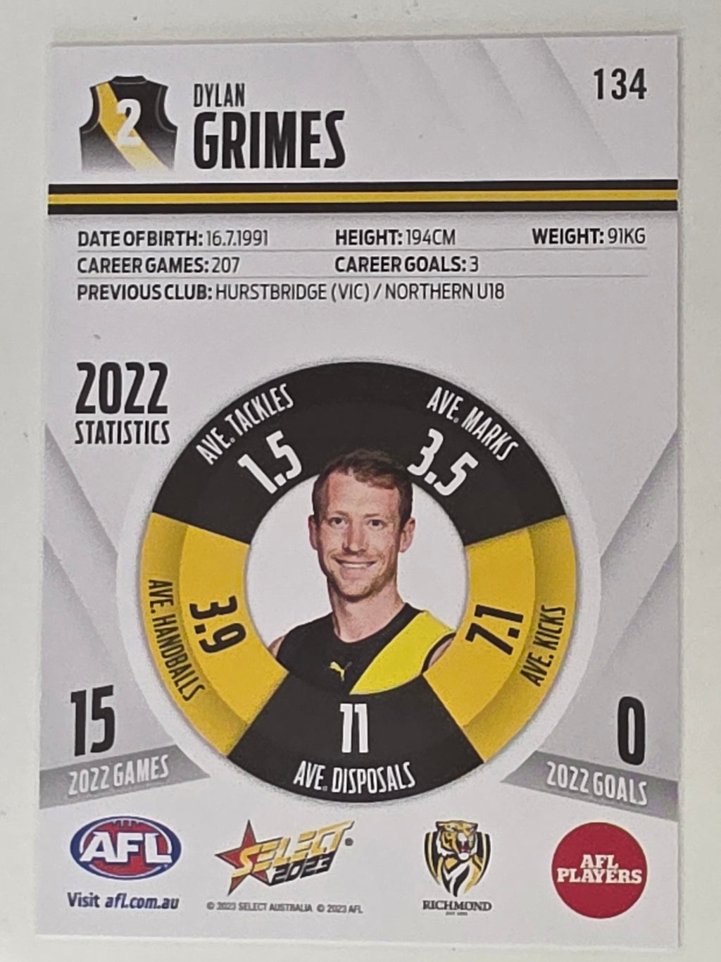 AFL 2023 Footy Stars Base Card #134 Dylan Grimes Richmond Tigers